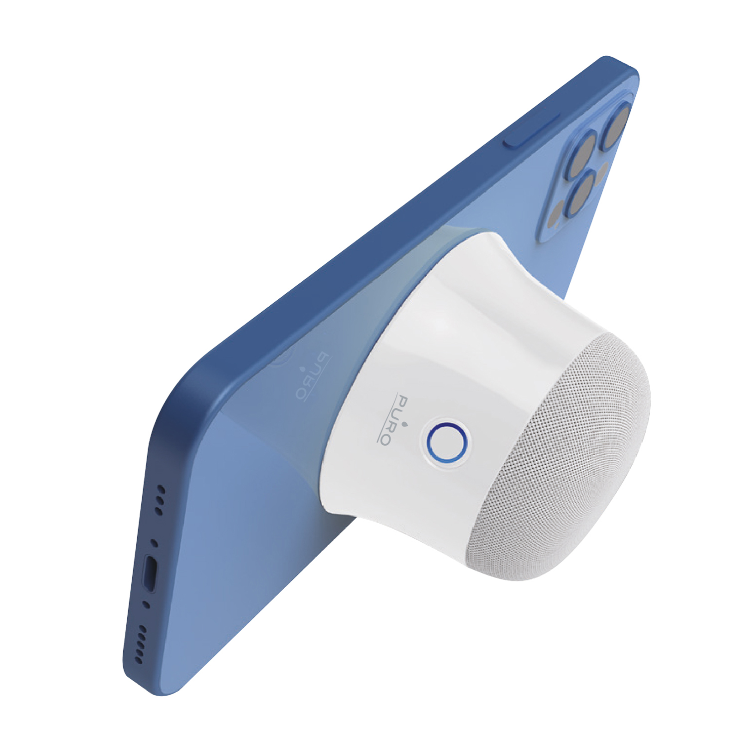 Un altoparlante bianco è attaccato al retro di uno smartphone blu.