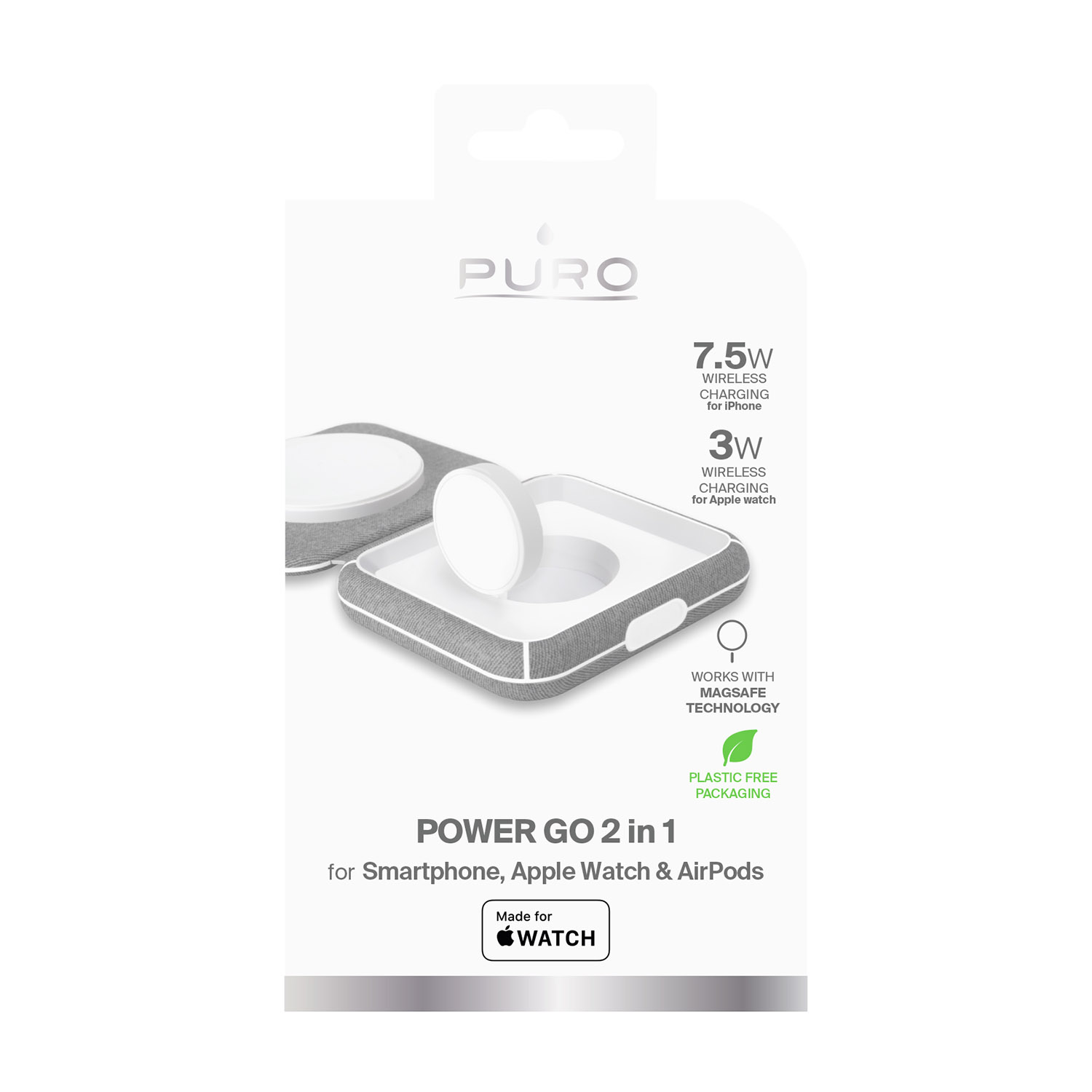 Dispositivo di ricarica wireless Puro per iPhone e Apple Watch in confezione con testo.