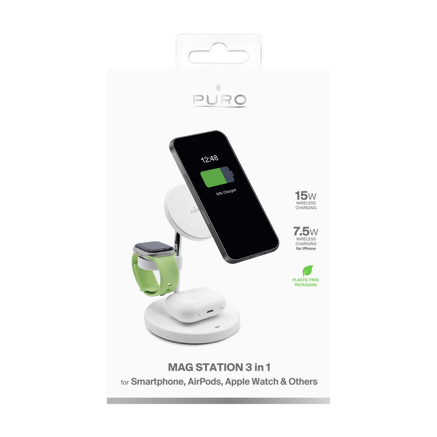 Una scatola di caricabatterie wireless Mag Station 3 in 1 bianca con telefono, orologio e pod.