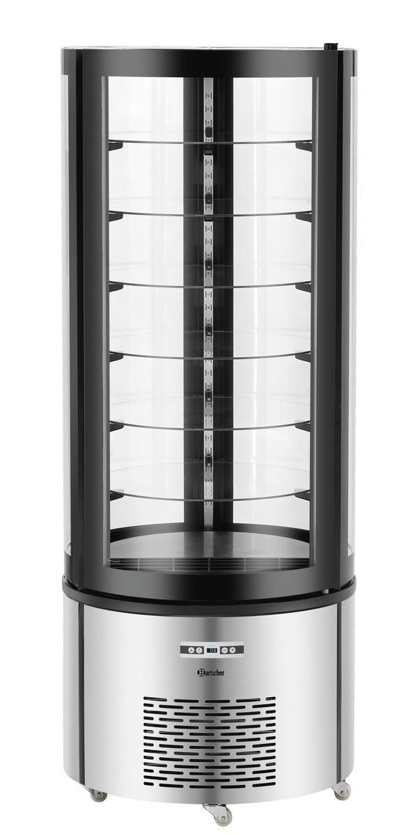 Runde, schwarze Kühlvitrine mit Glasböden und silbernem Unterbau auf Rollen.
