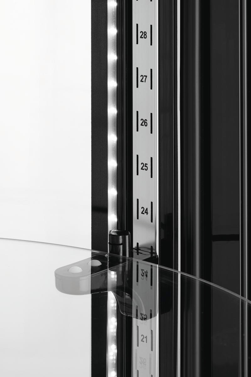 Schwarzes Gestell mit vertikalen LED-Leuchten und einer nummerierten Skala.