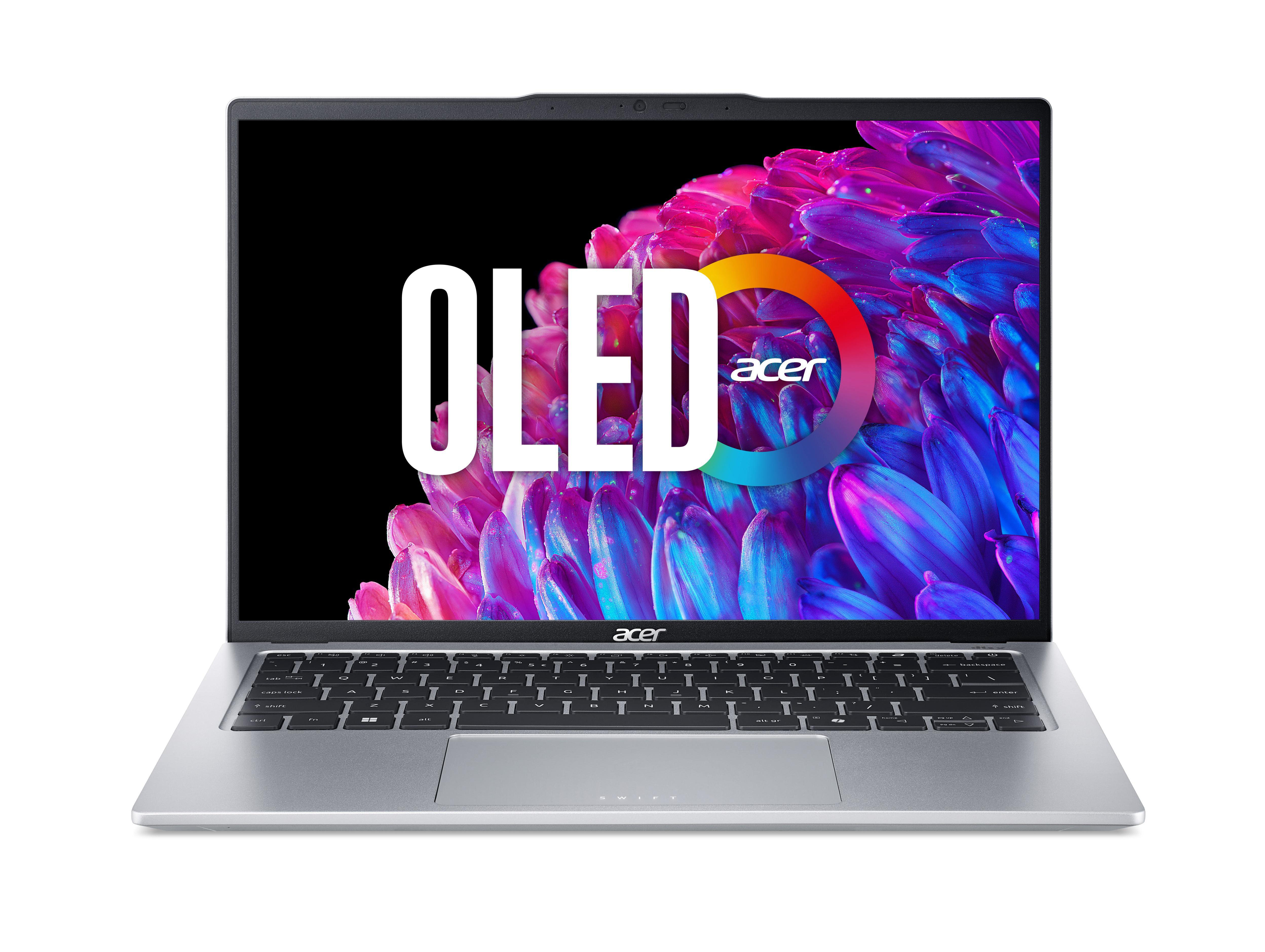 Geöffnetes Acer-Laptop mit OLED-Bildschirm, der farbenfrohe Grafiken und das Wort OLED mit dem Acer-Logo anzeigt.