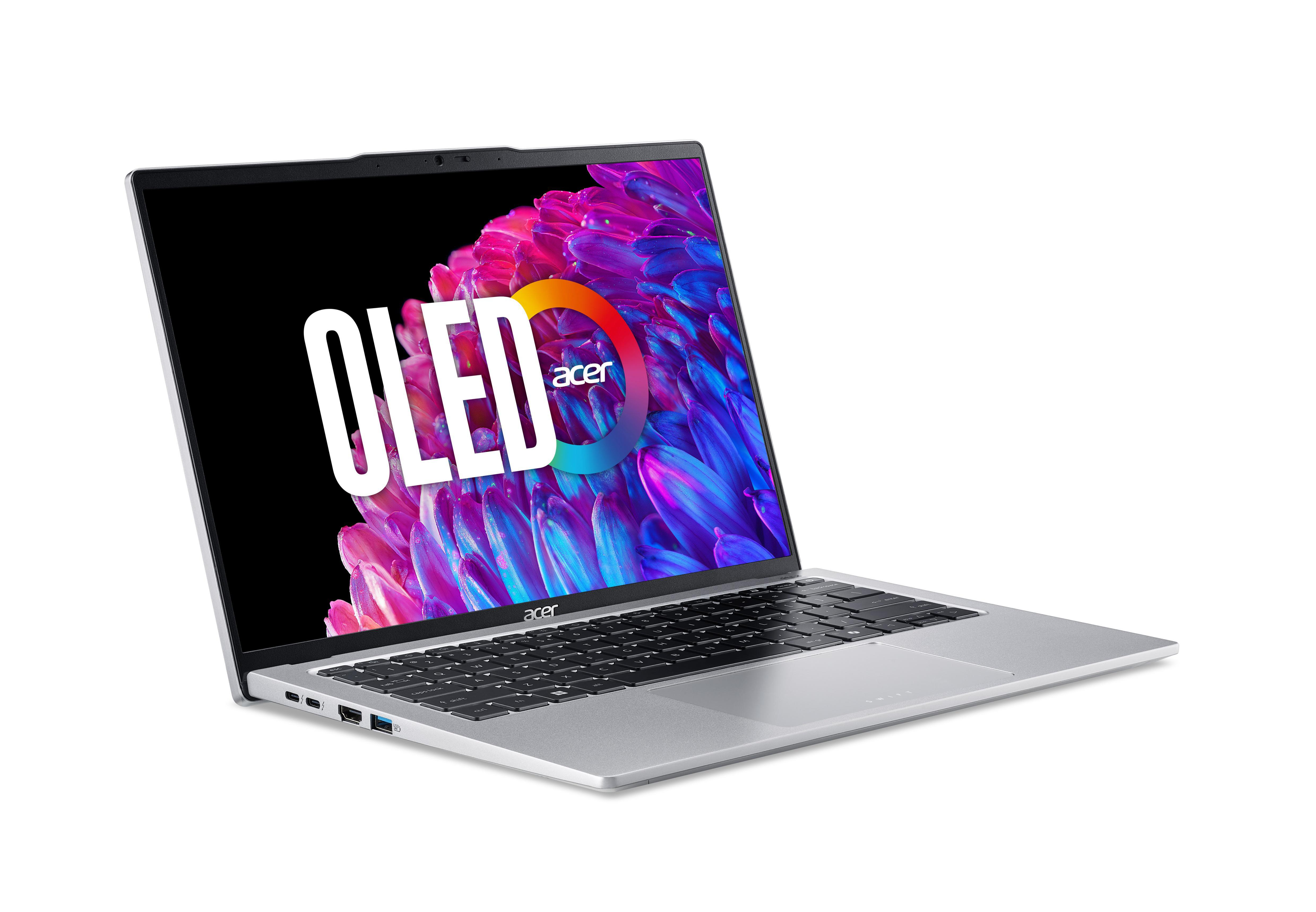 Silberner Acer Laptop mit OLED-Bildschirm, der farbigen Text anzeigt. Der Laptop ist geöffnet.