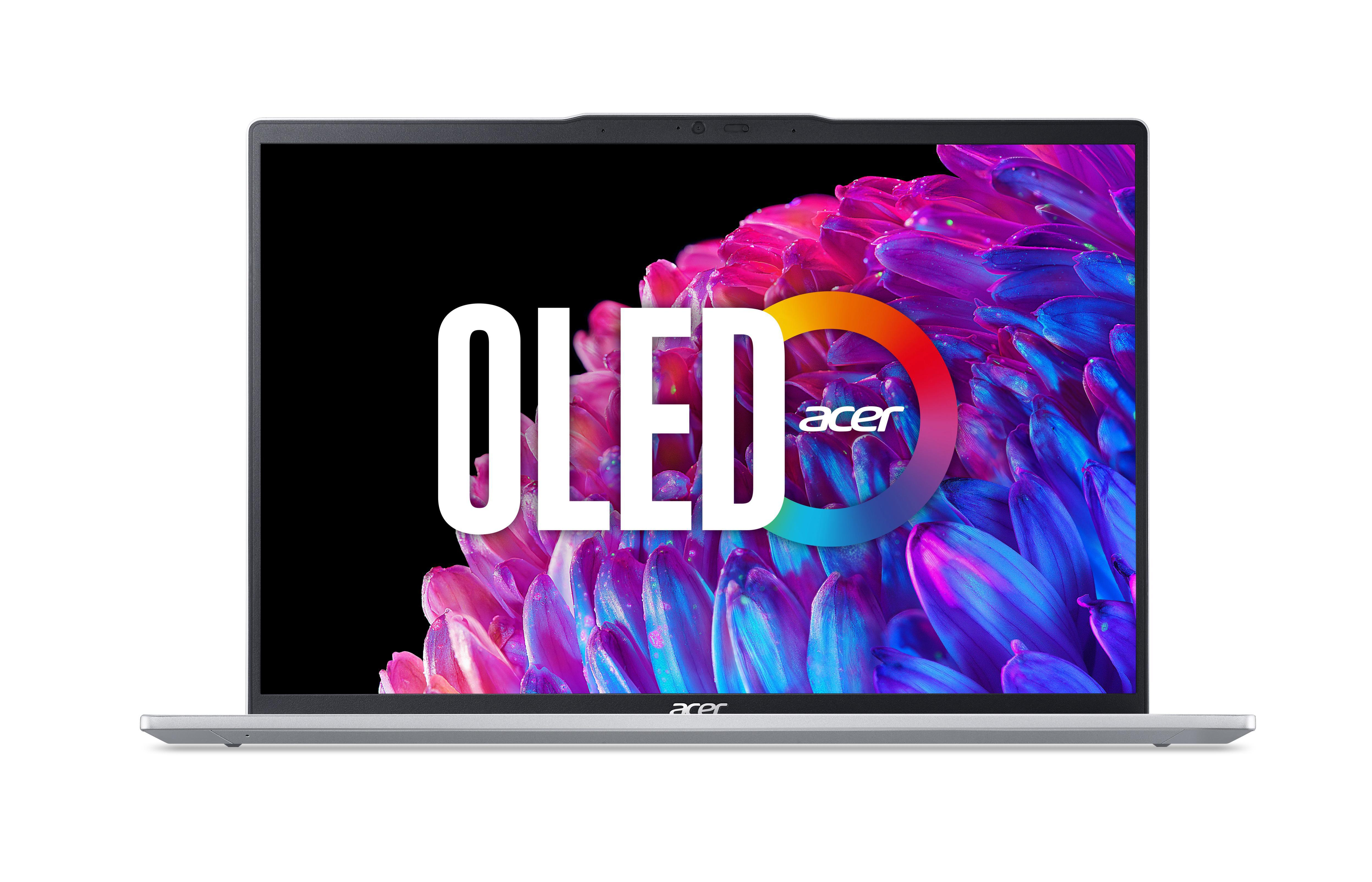 Silberner Laptop mit OLED-Bildschirm, der bunte abstrakte Kunst und das Acer-Logo zeigt.