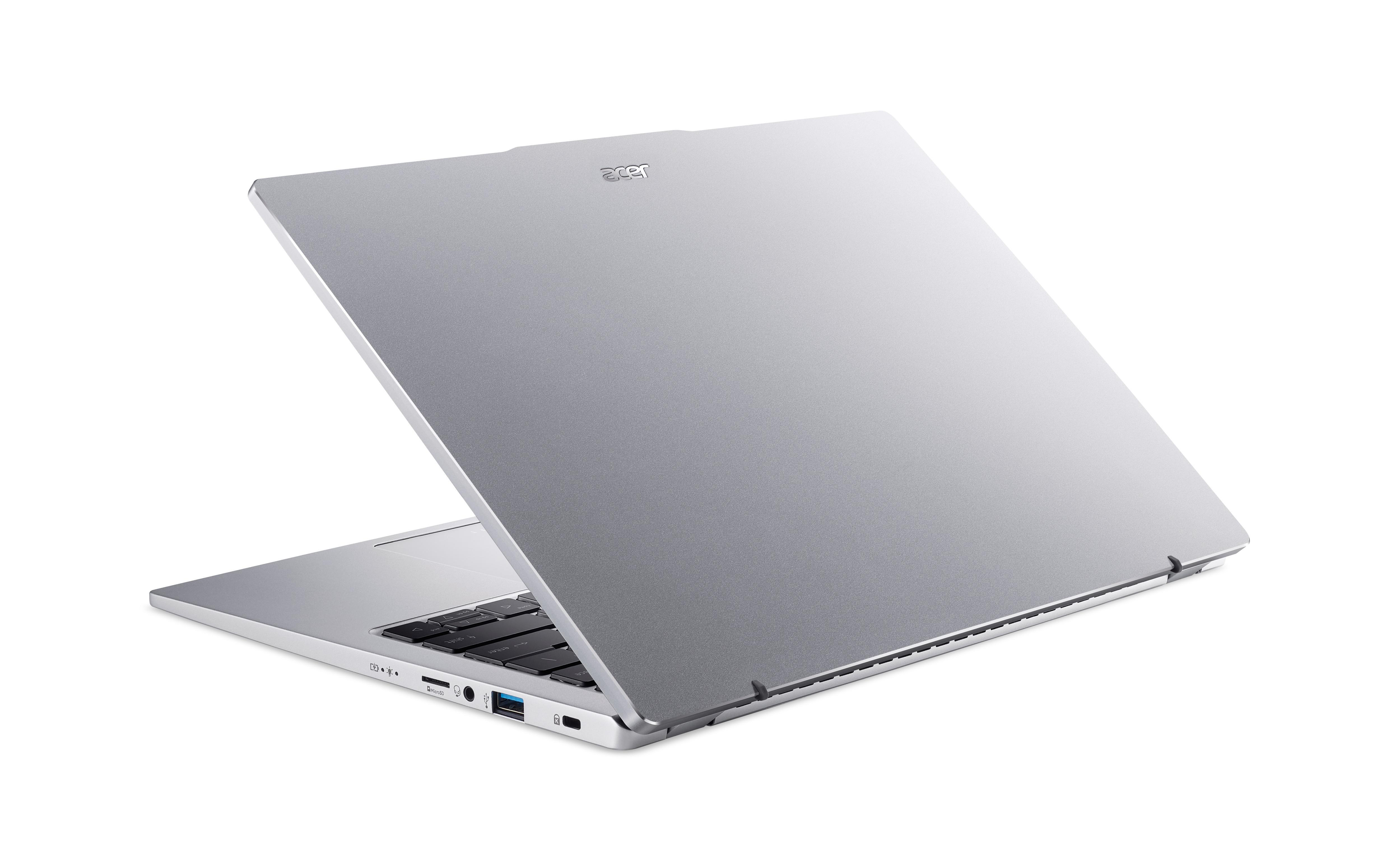 Silberner Laptop, teilweise geöffnet, Acer-Logo sichtbar. Weißer Hintergrund.