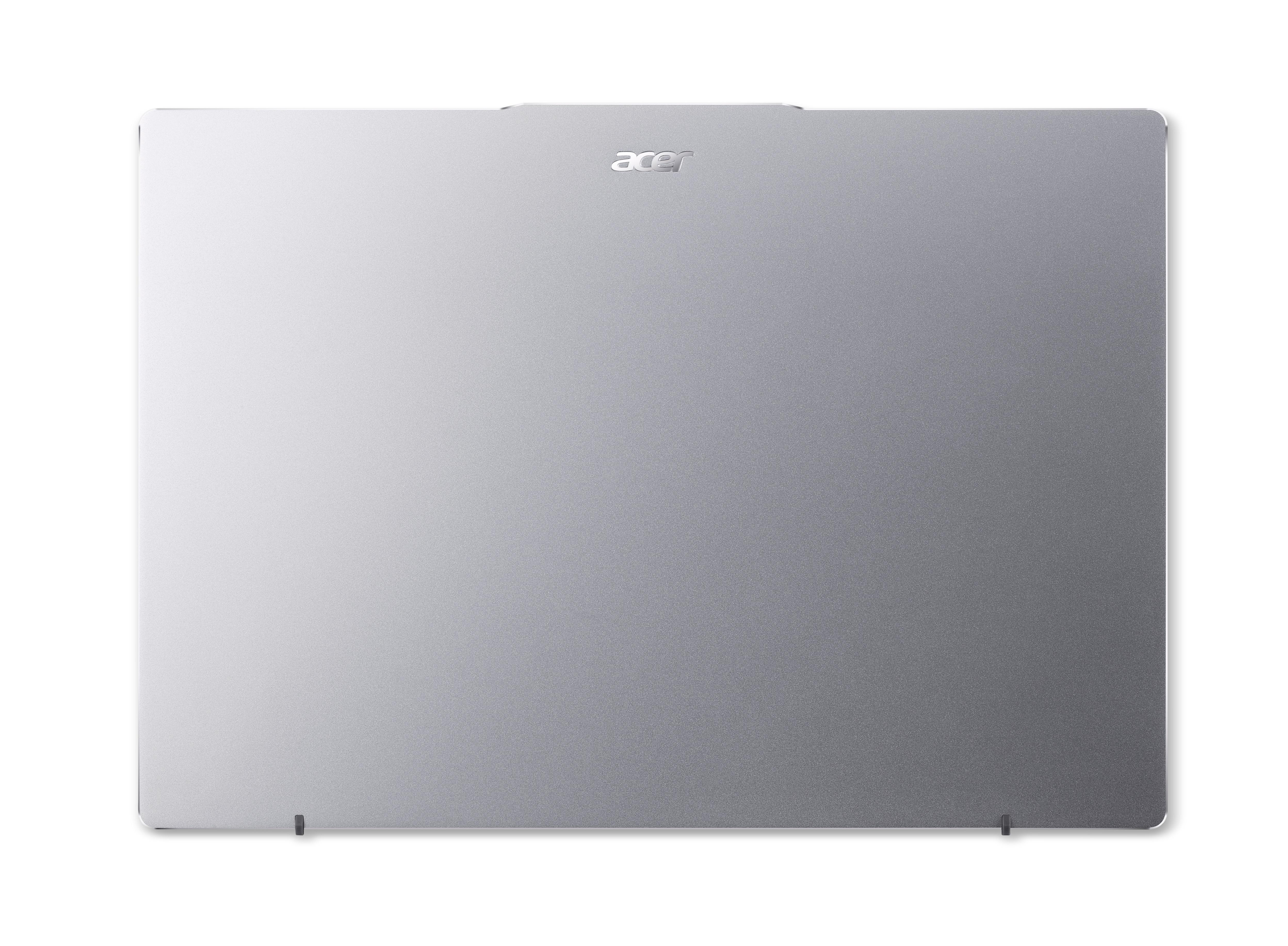 Silberner Laptopdeckel mit Acer-Logo. Weißer Hintergrund.