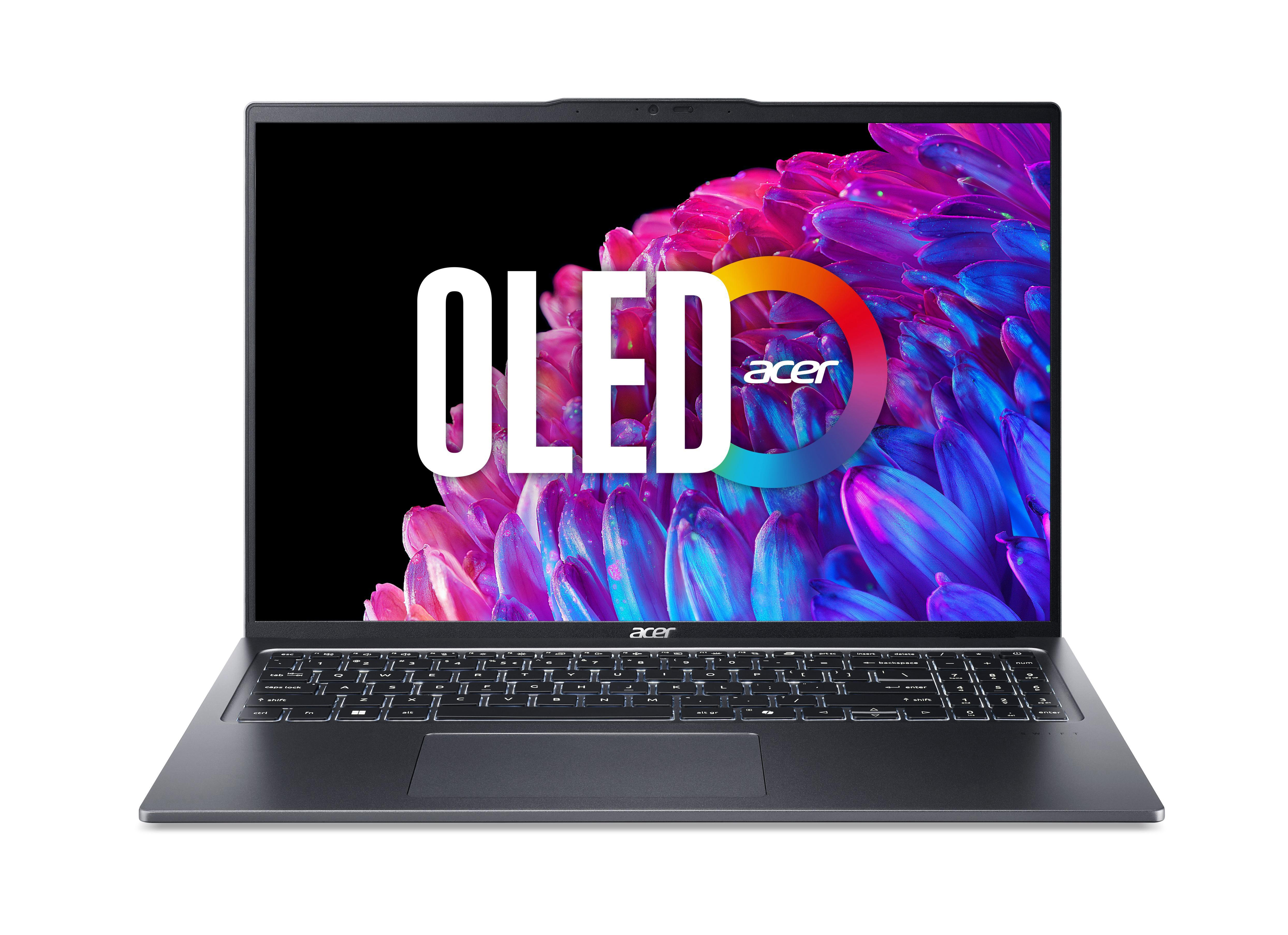 Geöffnetes Acer-Laptop. Der Bildschirm zeigt ein farbenfrohes OLED-Display mit dem Acer-Logo.