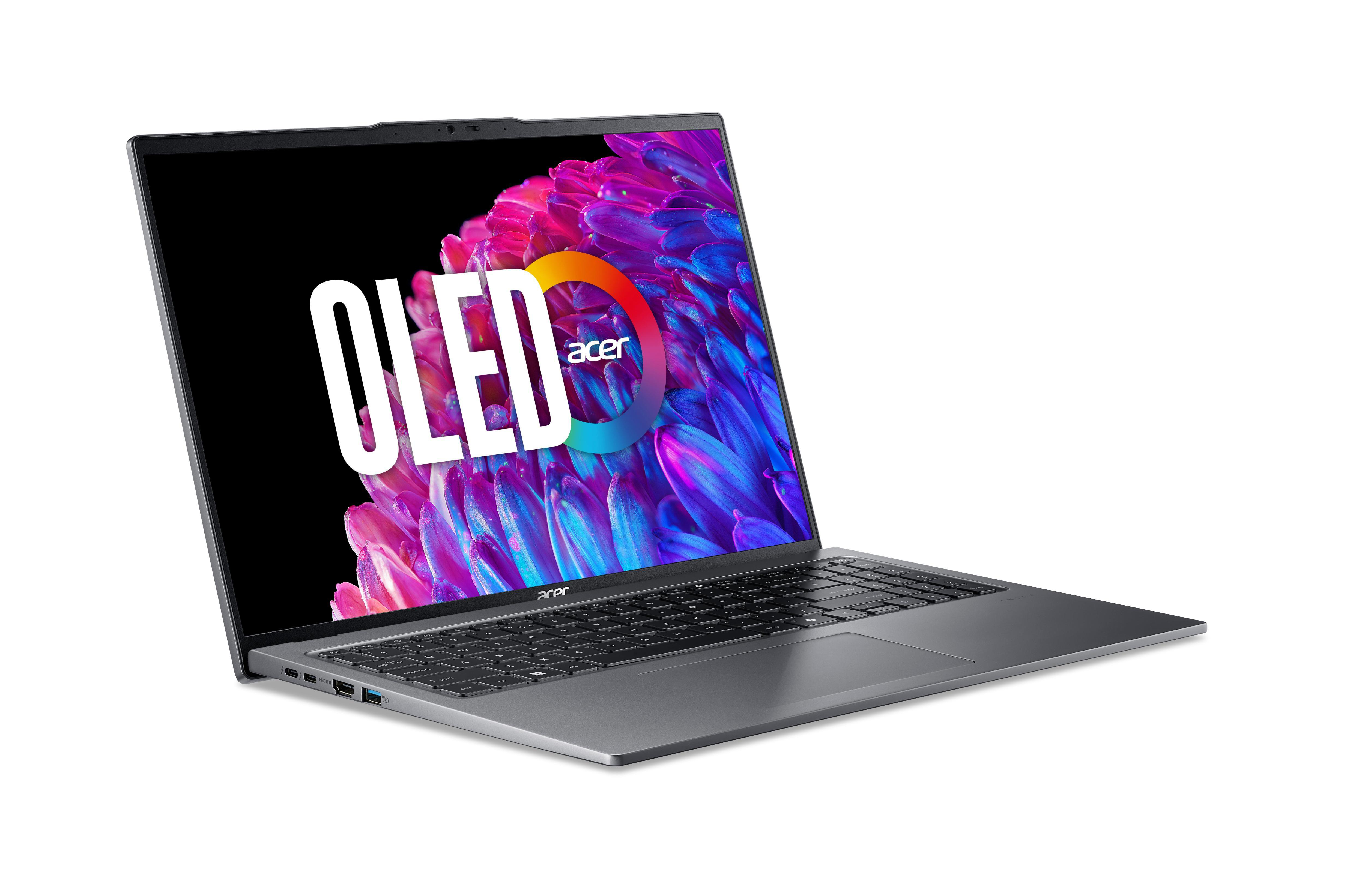 Silberner Acer-Laptop mit OLED-Display, zeigt OLED-Text und Logo. Weißer Hintergrund.