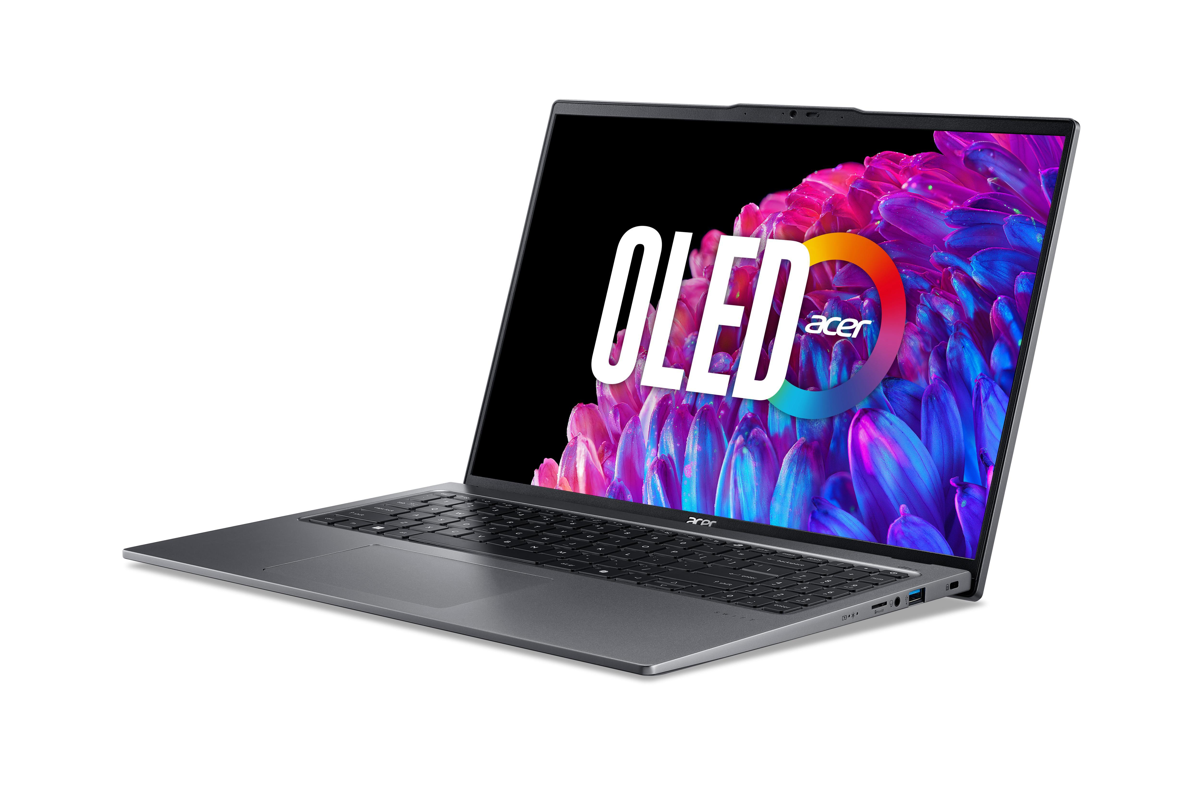 Silberner Acer-Laptop mit OLED-Display, zeigt OLED-Text und Logo. Weißer Hintergrund.