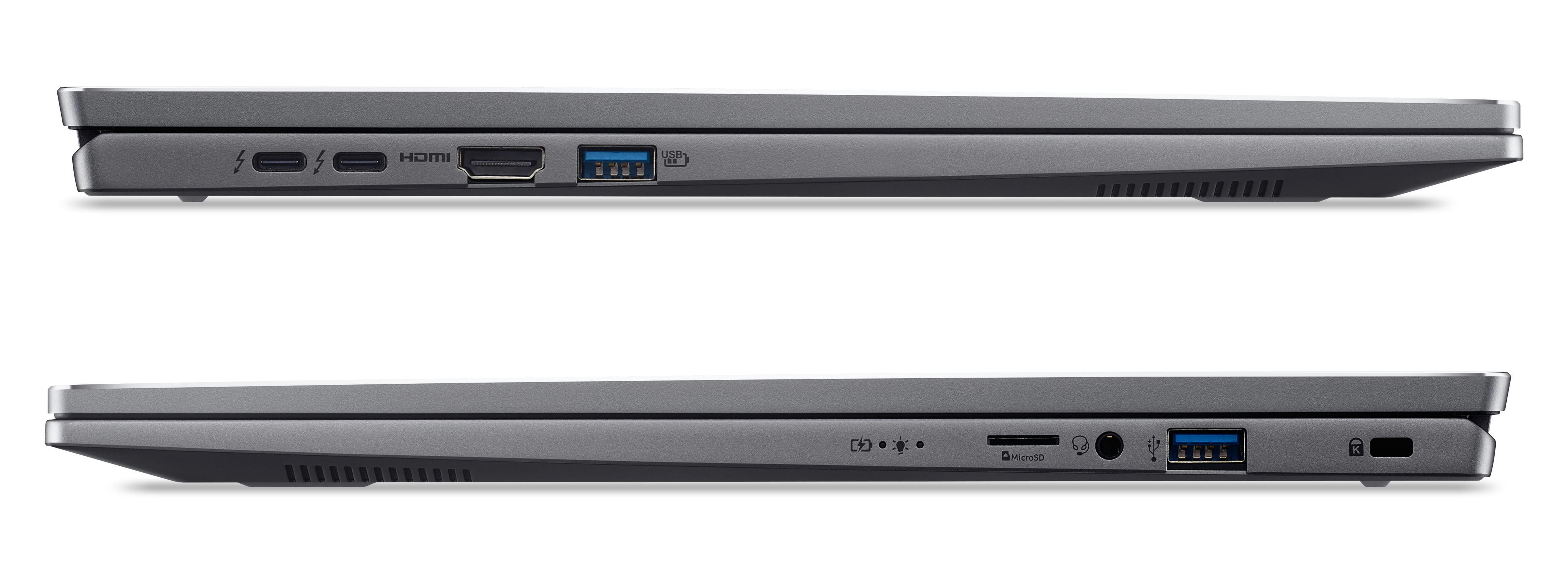 Zwei Laptops nebeneinander. Einer zeigt Anschlüsse: Thunderbolt, HDMI, USB, und Audio.