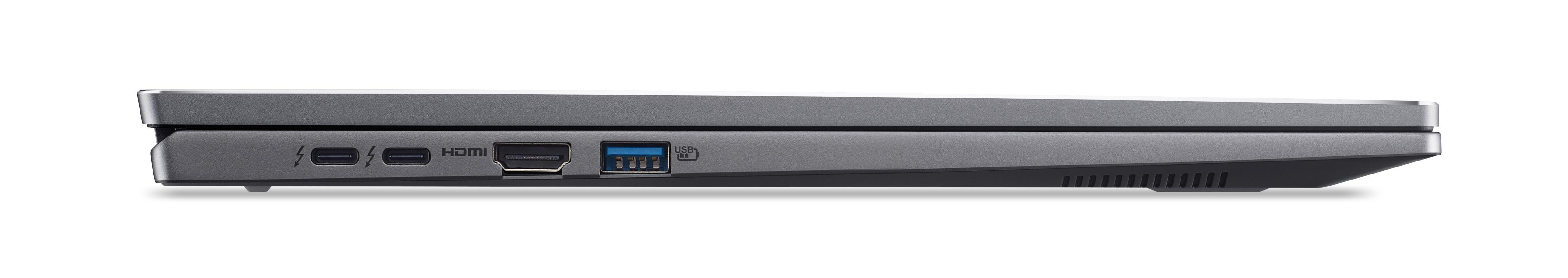 Seitenprofil eines Laptops, zeigt Anschlüsse: USB, HDMI, USB und einen Ladeanschluss.