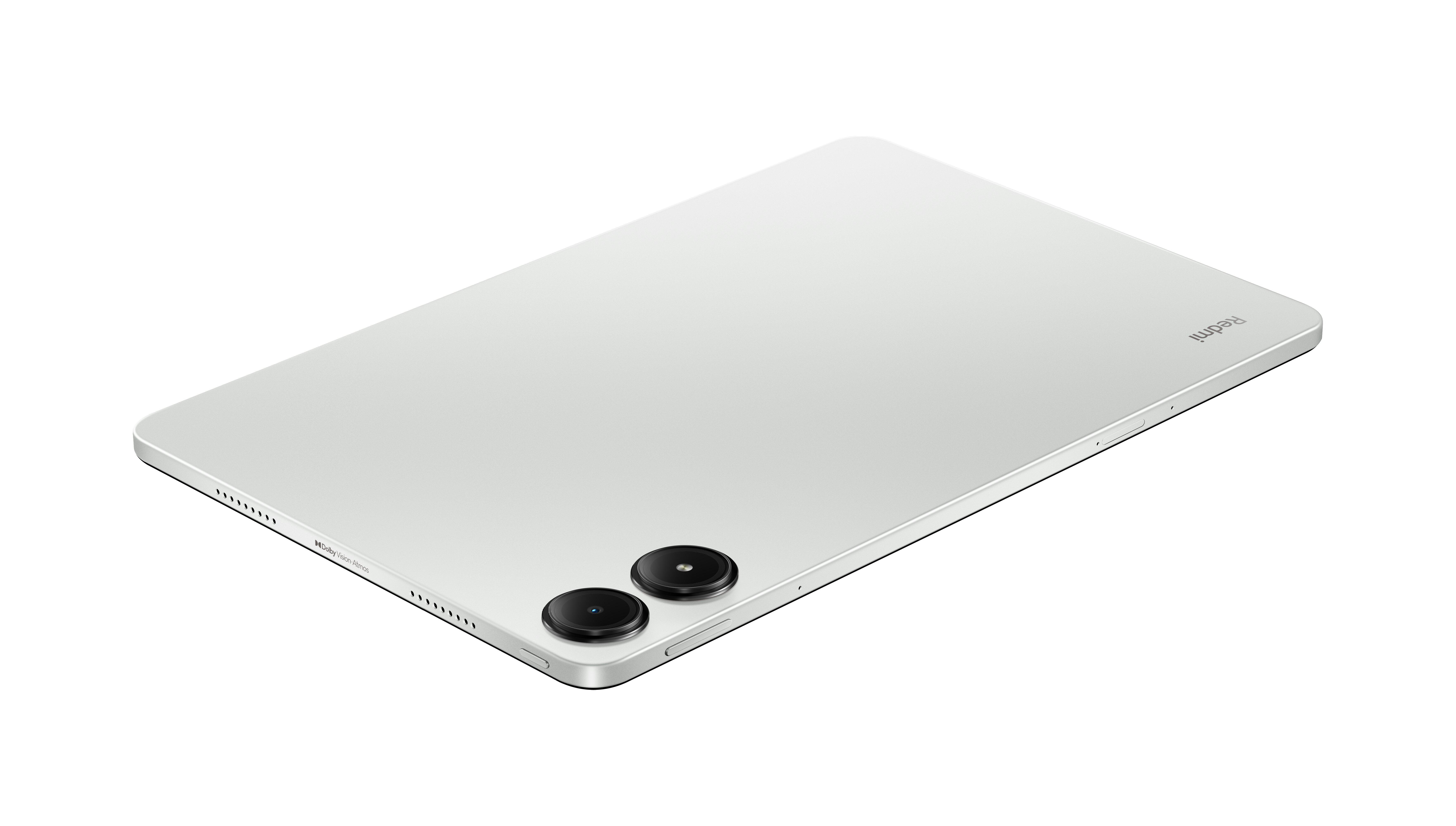 Ein hellgraues Tablet mit zwei Kameralinsen auf der Rückseite, in einem Winkel vor weißem Hintergrund betrachtet.