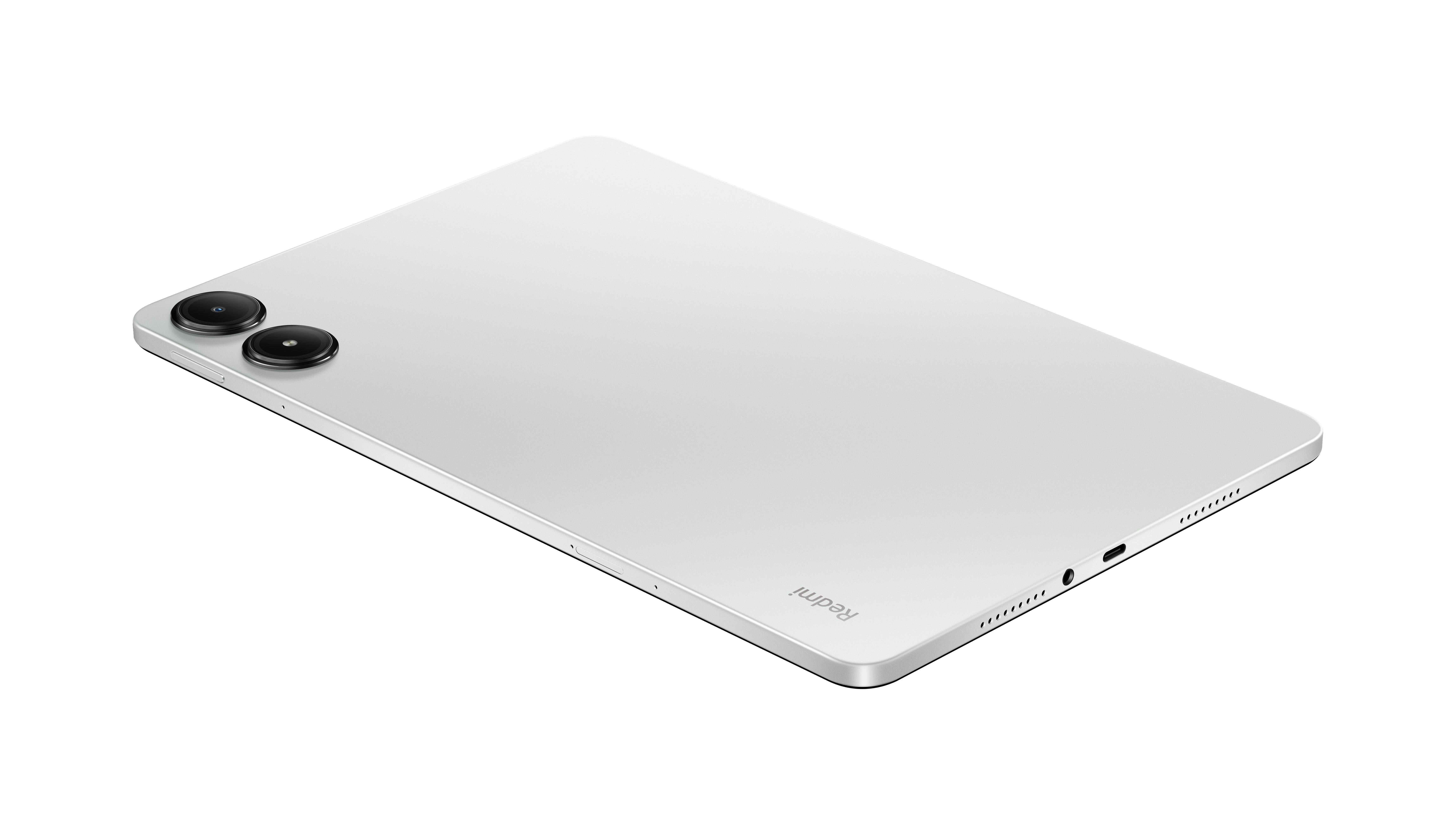 Weißes Tablet, Rückansicht, mit zwei Kameraobjektiven auf weißem Hintergrund.