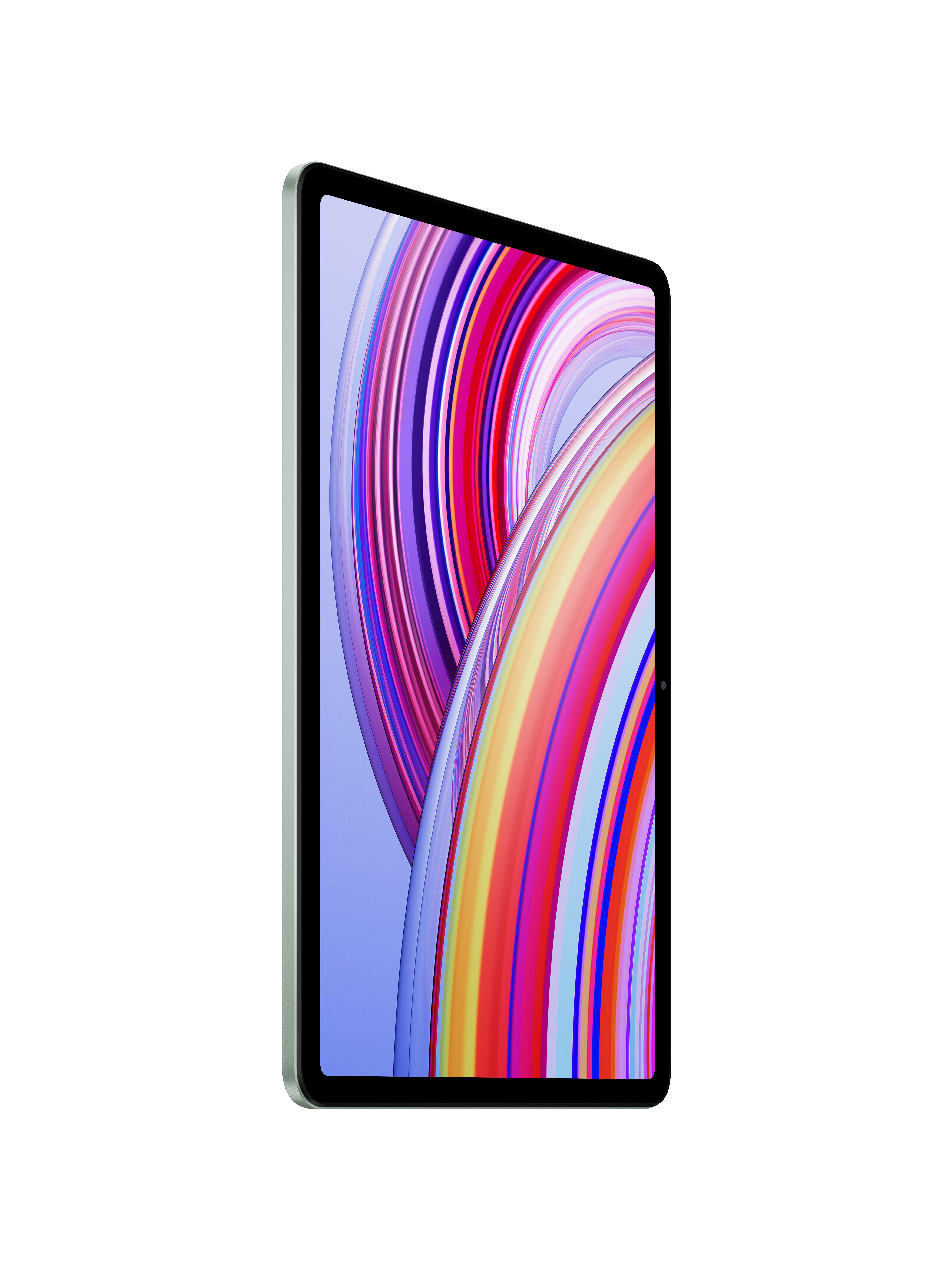 Tablet, Seitenansicht, mit farbenfrohem Display und silbernem Rahmen, auf weißem Hintergrund.