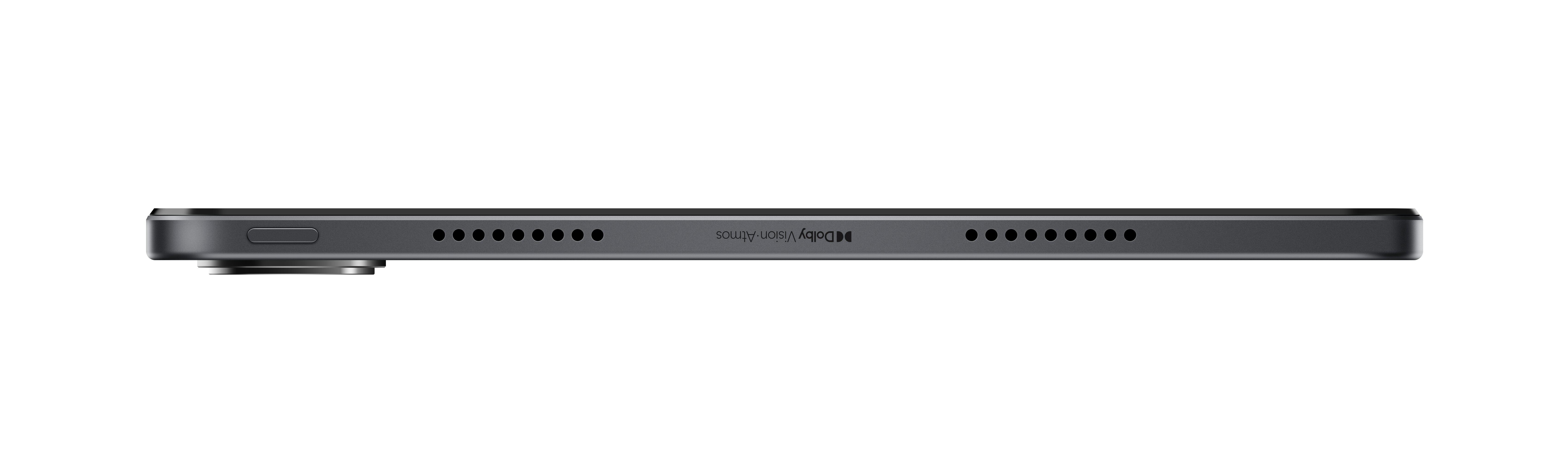 Eine Seitenansicht eines Lenovo-Tablets, es ist dunkelgrau mit einer Kamera und Lautsprechern.