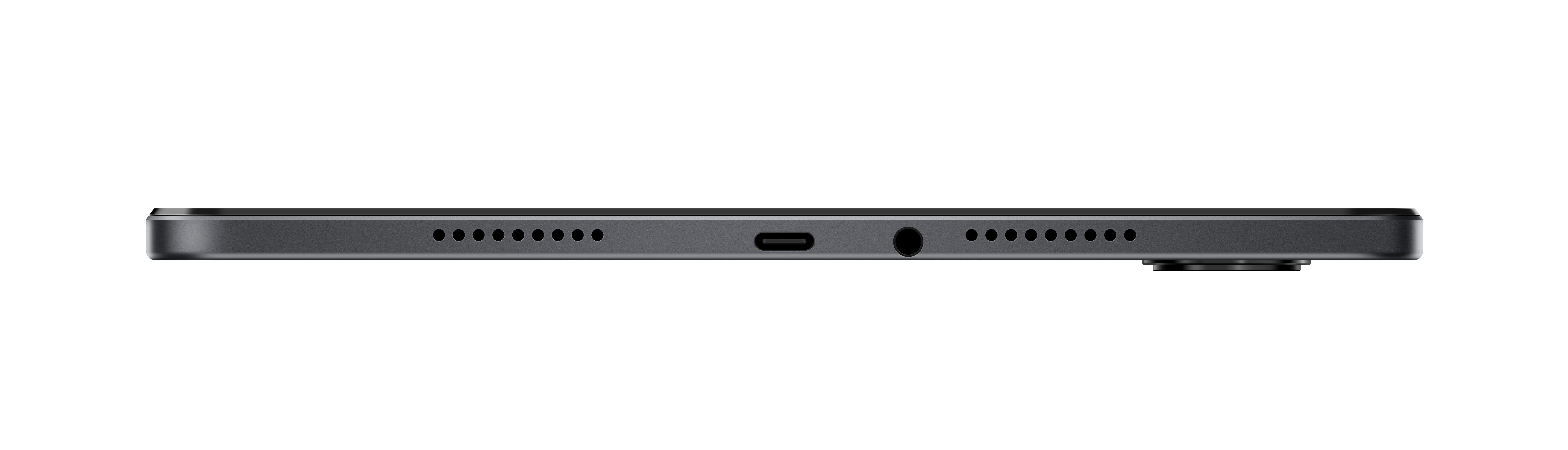 Seitenansicht eines schwarzen Tablets mit USB-C-Anschluss, Kopfhöreranschluss und Lautsprecherlöchern.