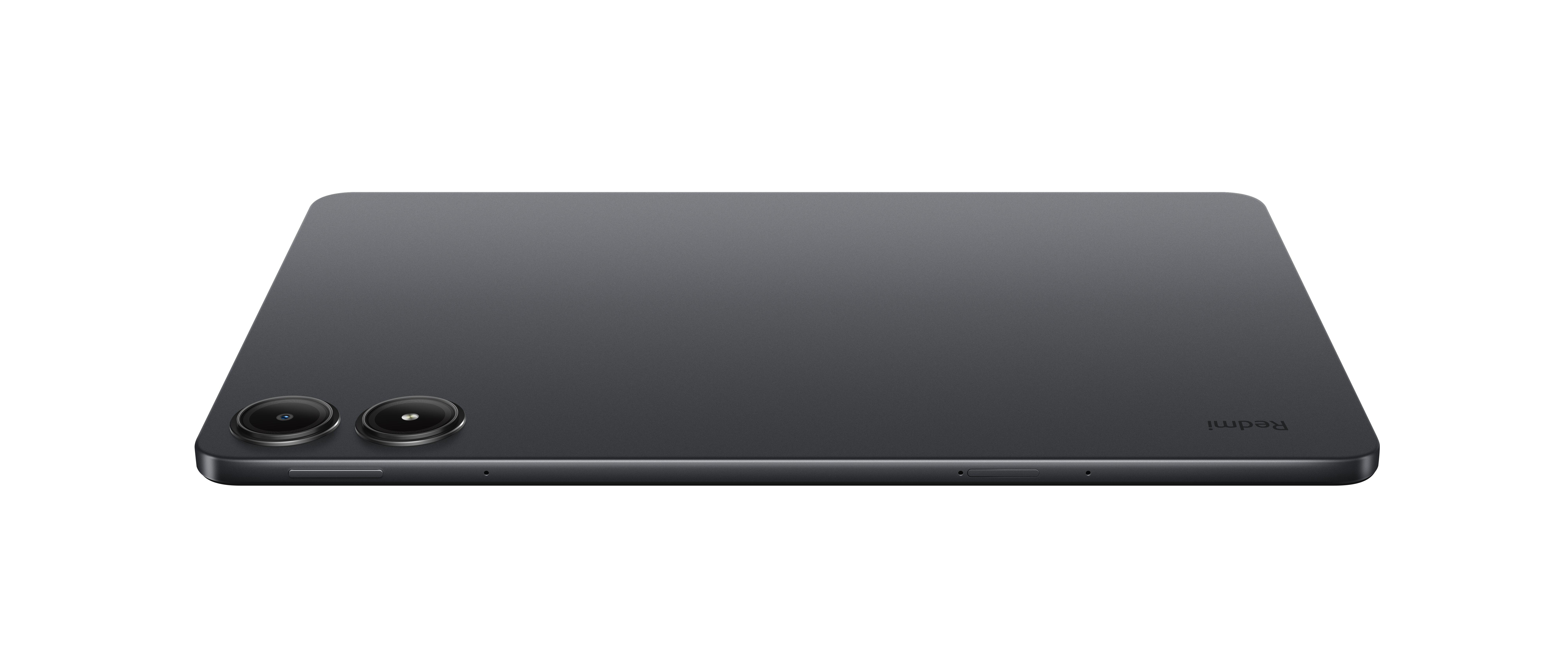 Ein schwarzes Tablet, das seine Rückseite zeigt, mit zwei Kameraobjektiven und dem Redmi-Logo.