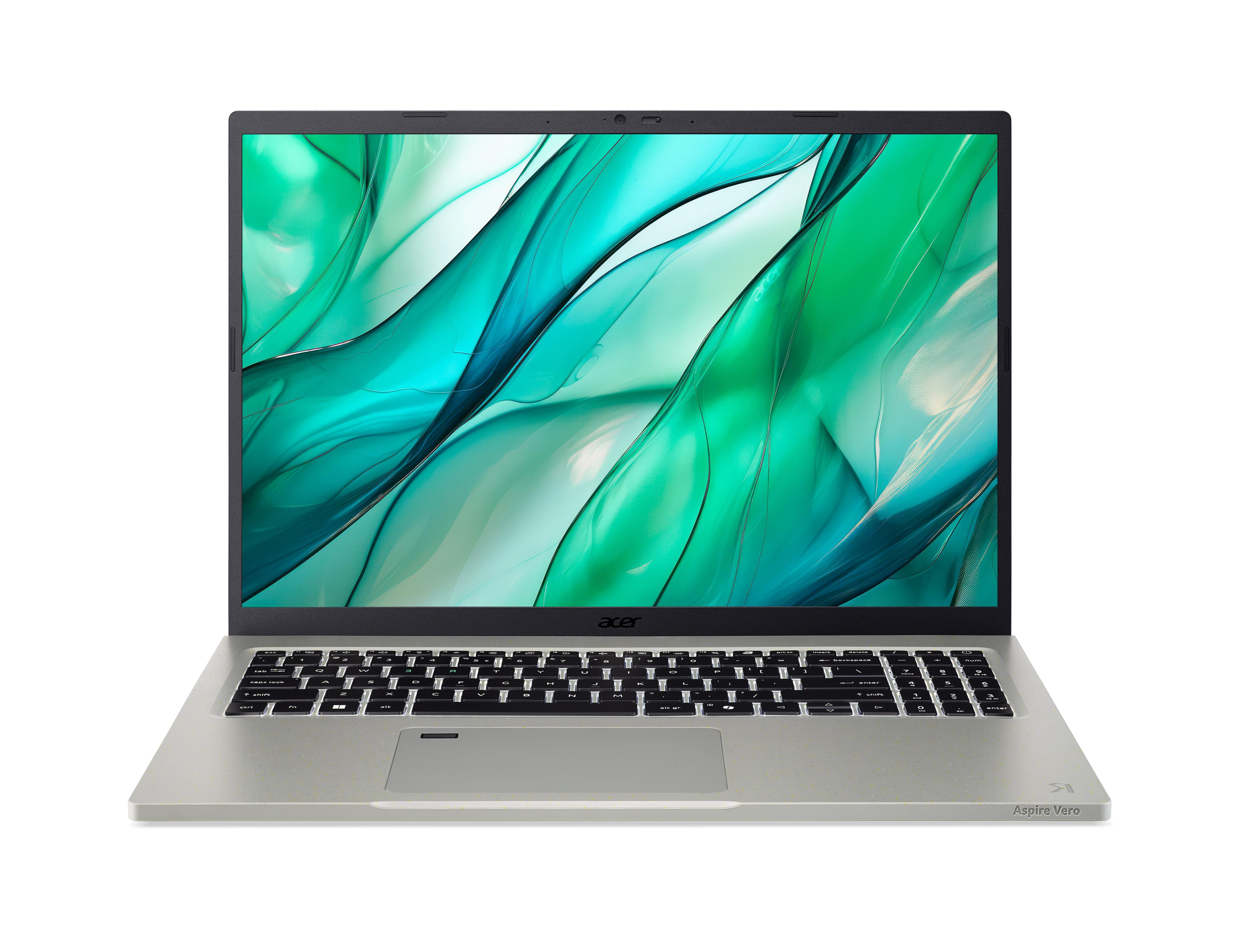 Silberner Laptop mit grünem Bildschirm, geöffnet auf weißem Hintergrund.