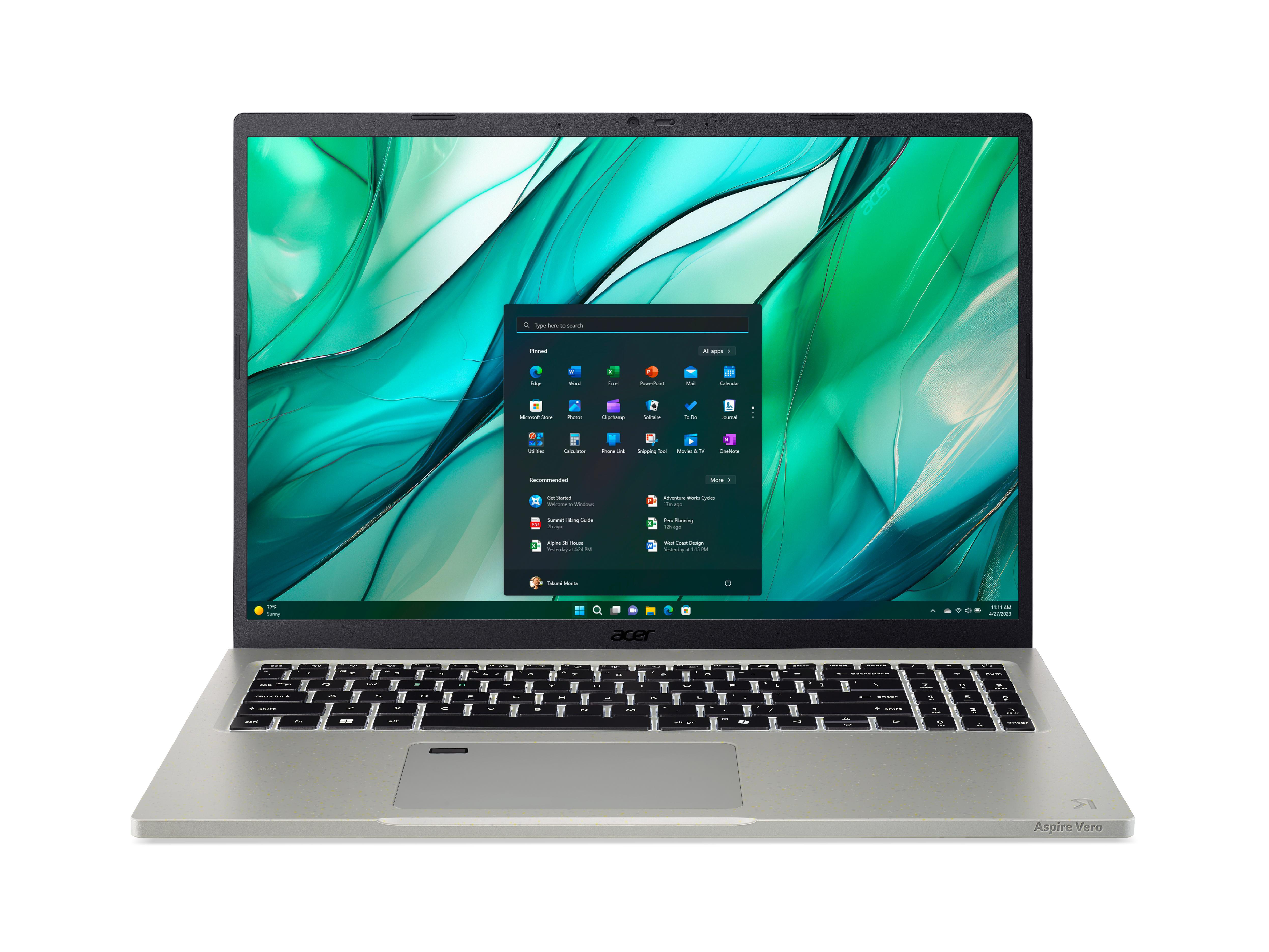 Laptop mit geöffneter Windows-Oberfläche. Silbernes Gehäuse, weißer Hintergrund.