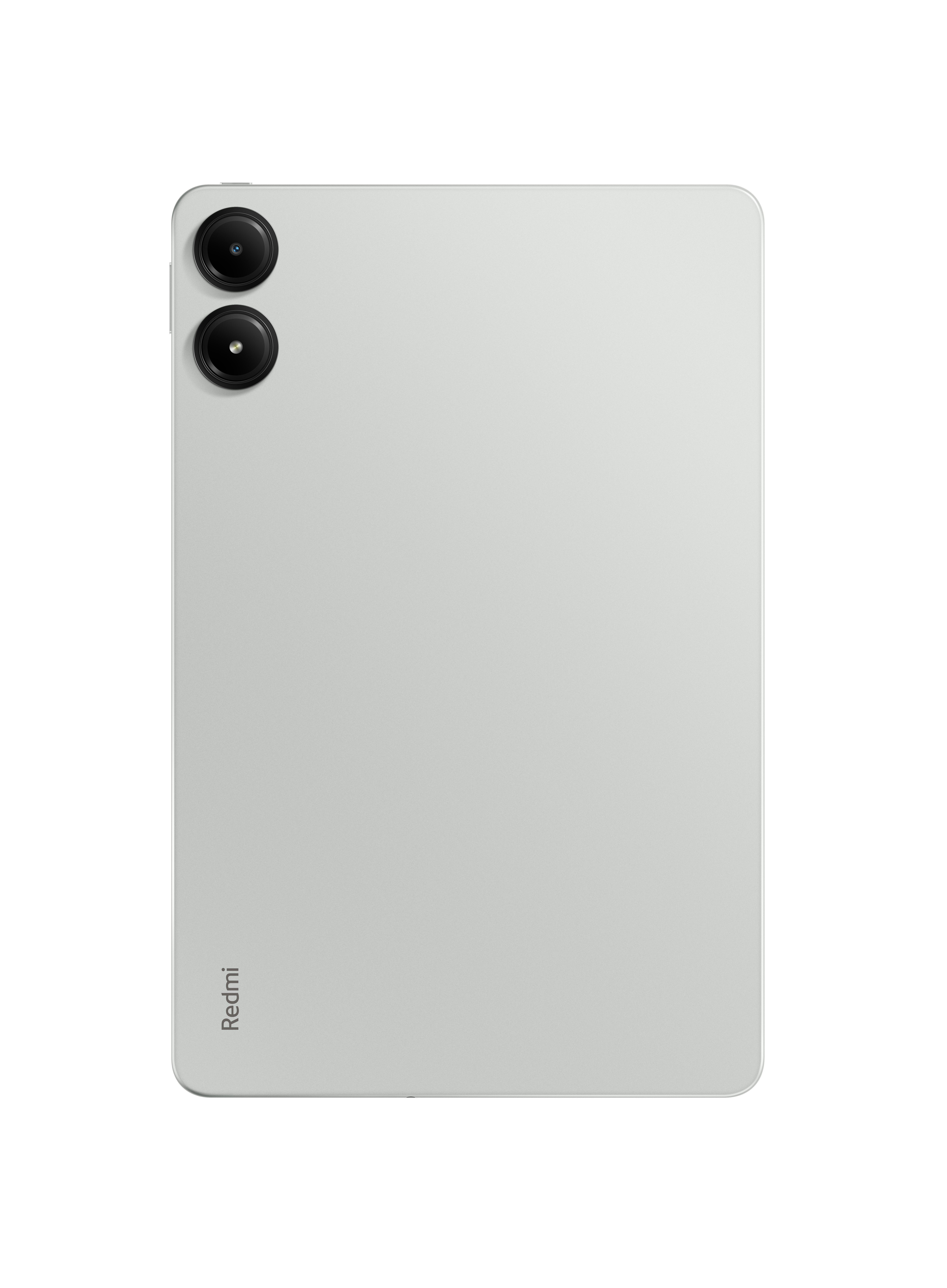 Tablet mit zwei Kameralinsen oben. Die Rückseite des Tablets ist hellgrau mit dem Text 'Redmi'.