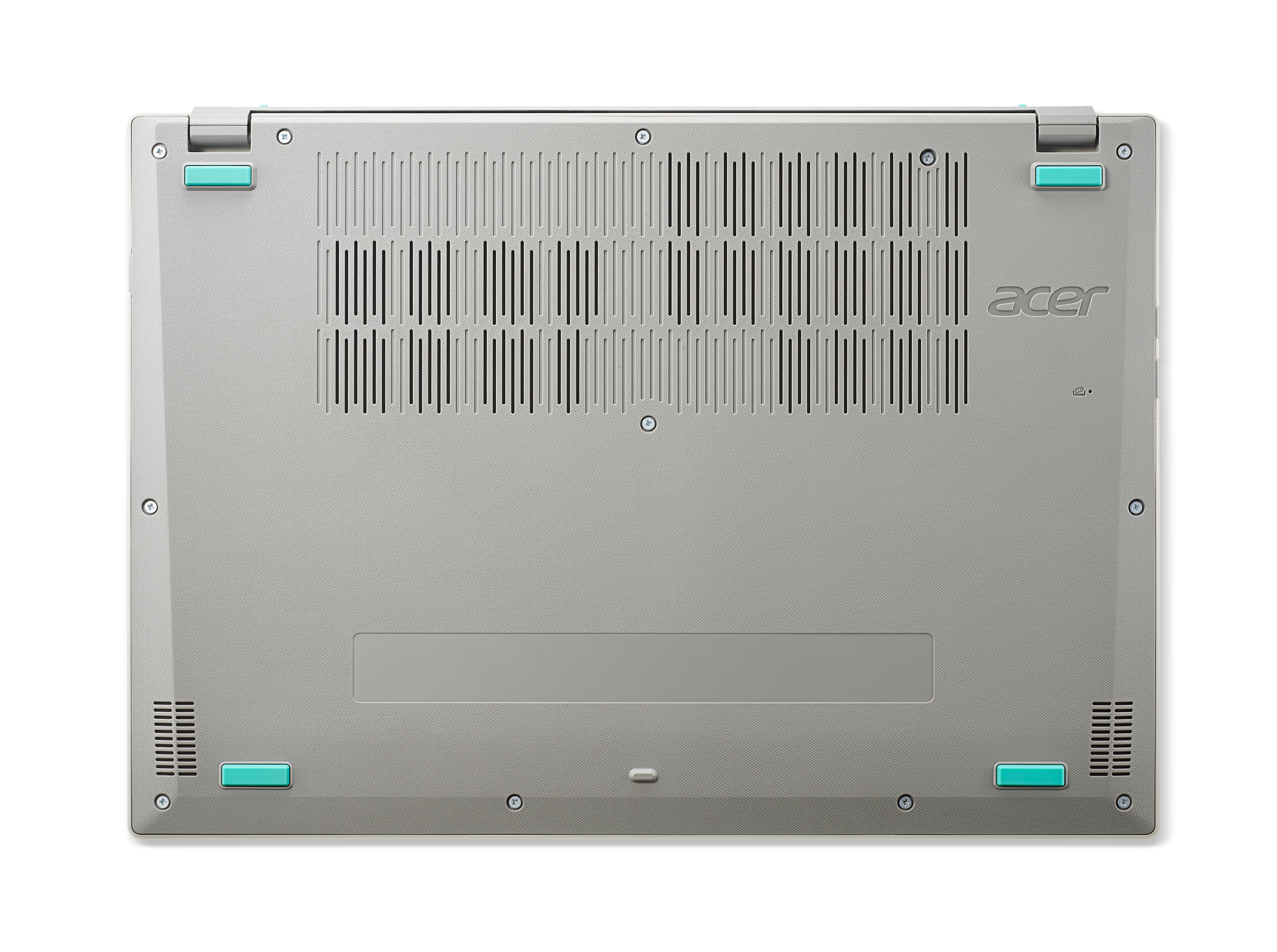 Die Unterseite eines Acer-Laptops, mit grauer Oberfläche, Lüftungsschlitzen und vier kleinen teal Füßen.