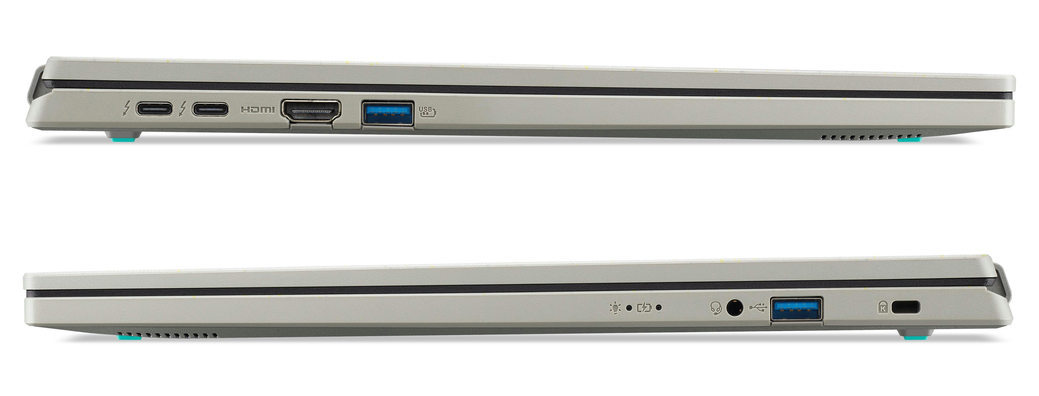 Zwei Laptops Seitenansichten. Silber, mit USB, HDMI und anderen Anschlüssen an den Seiten. Weißer Hintergrund.