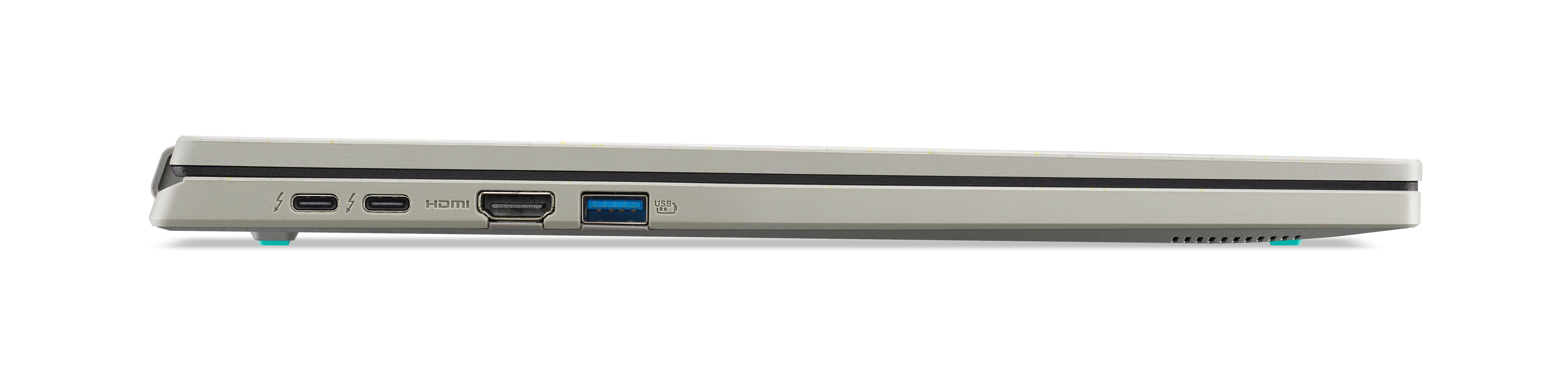 Seitenansicht eines geschlossenen hellfarbigen Laptops mit Anschlüssen links.