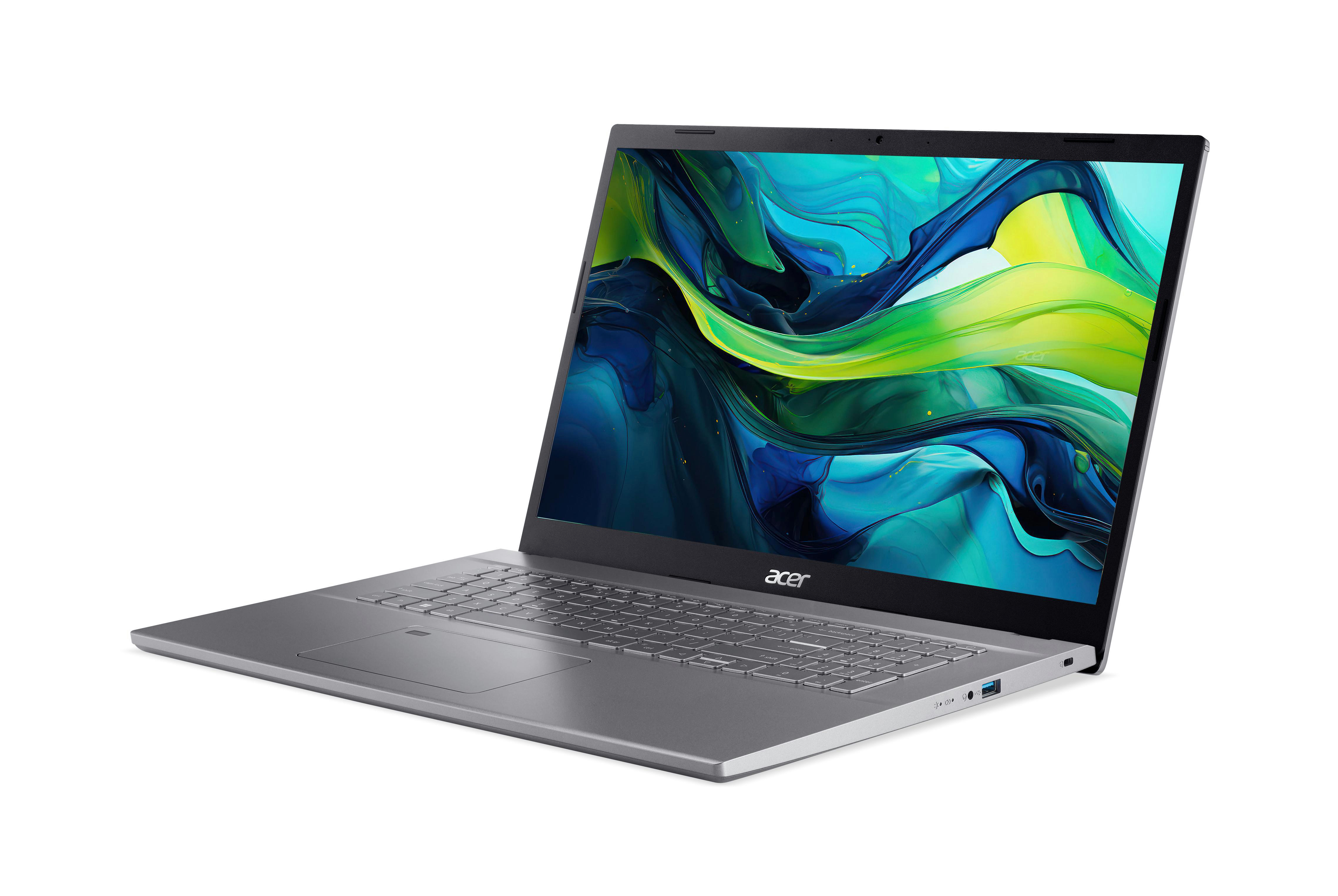 Ein silberner Laptop mit geöffnetem Bildschirm, ein weißer Hintergrund.