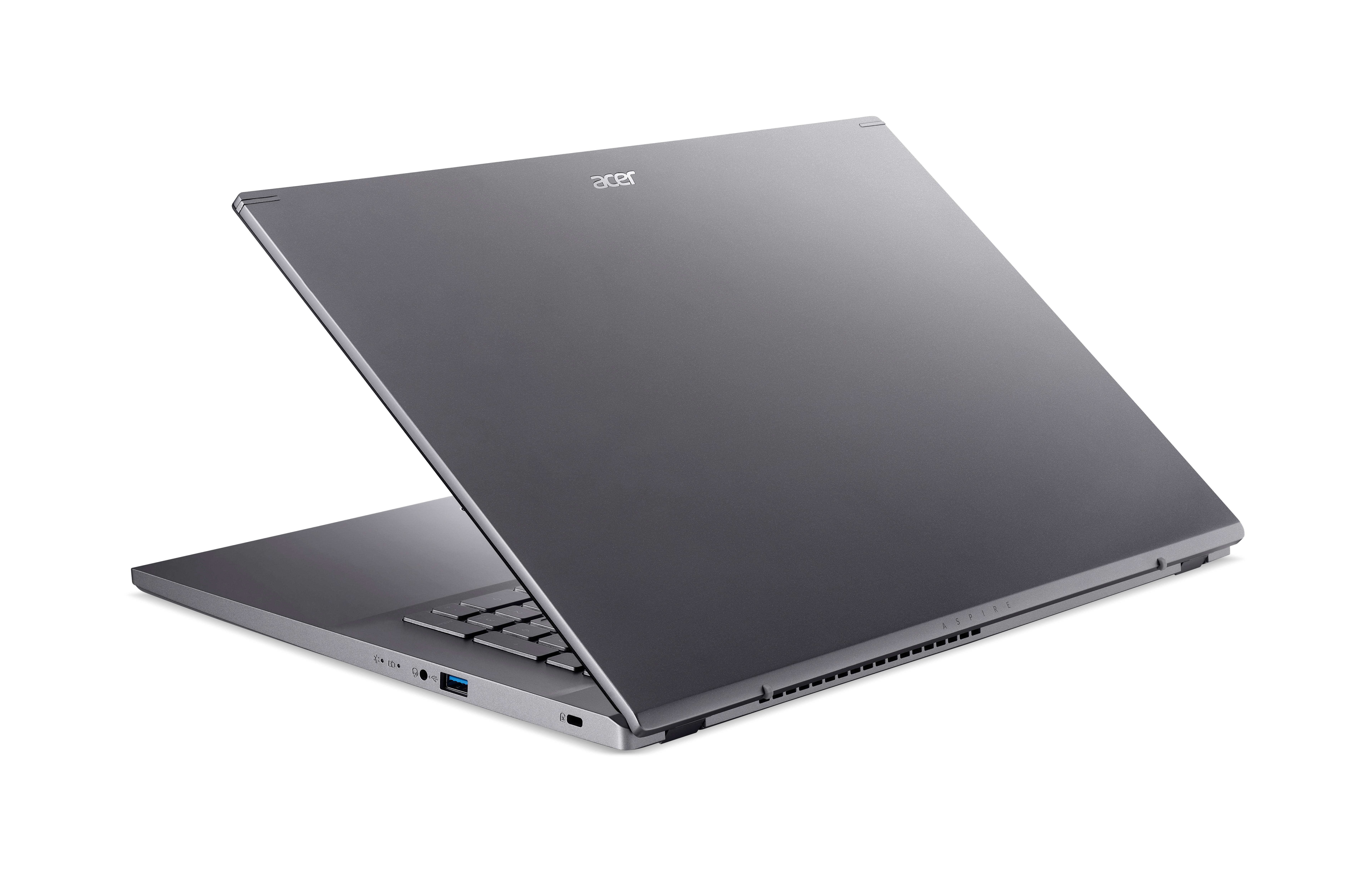 Grauer Laptop, geöffnet, abgewinkelt auf weißem Hintergrund, Acer-Logo sichtbar.