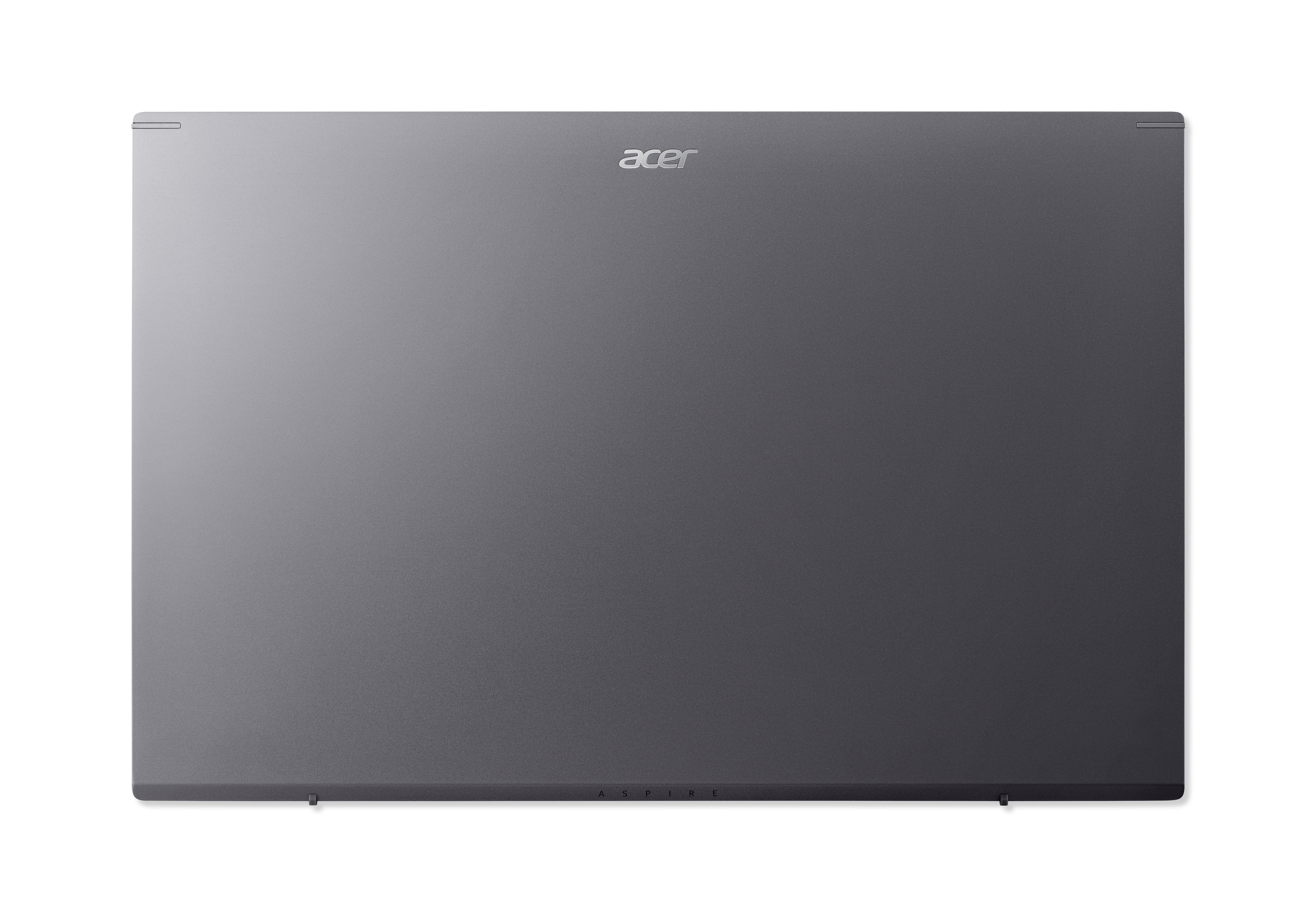 Rückseite eines grauen Laptops mit dem Markennamen 'acer'.