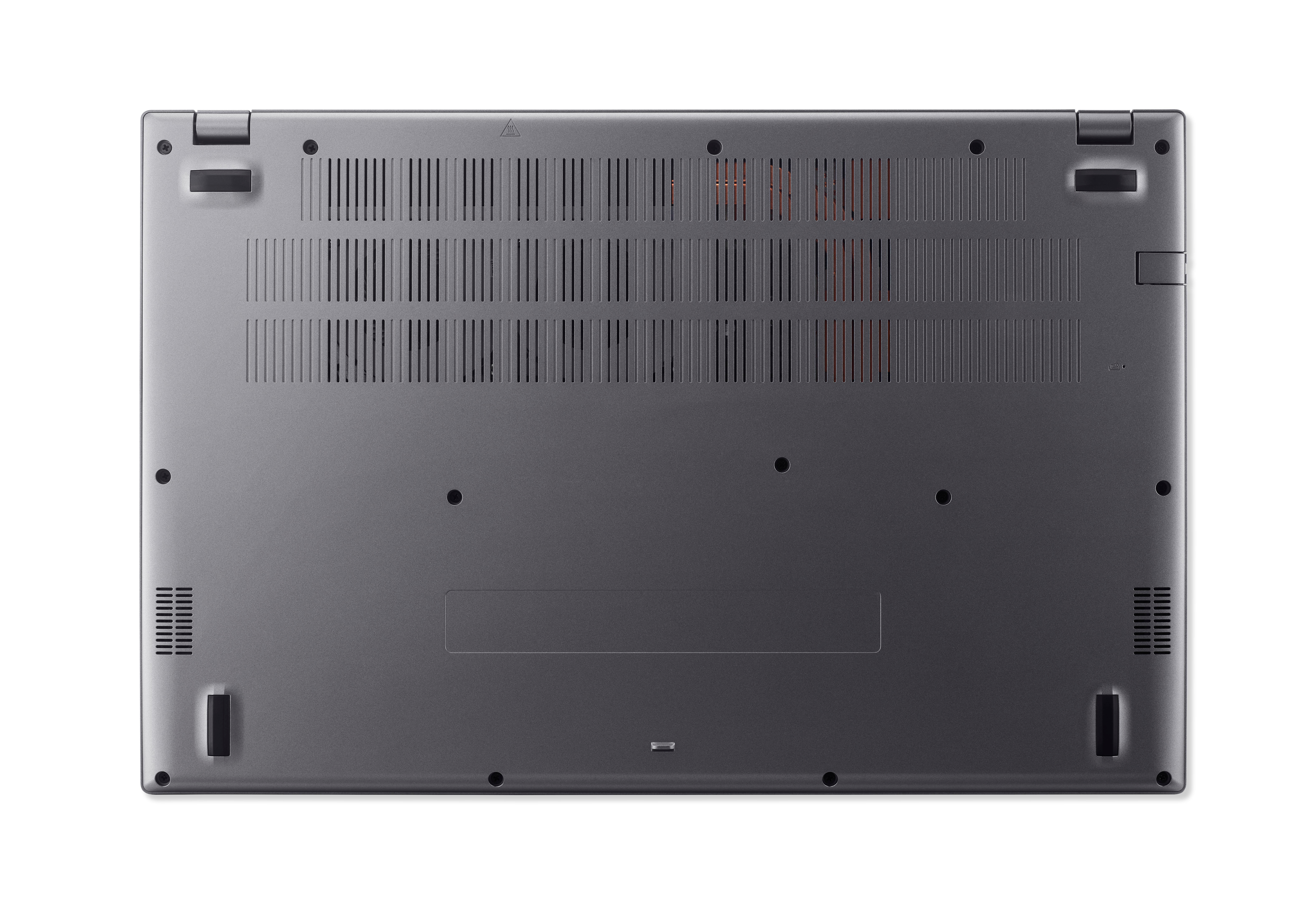 Unterseite eines grauen Laptops mit Lüftungsschlitzen, Schrauben und Servicezugangsklappe.