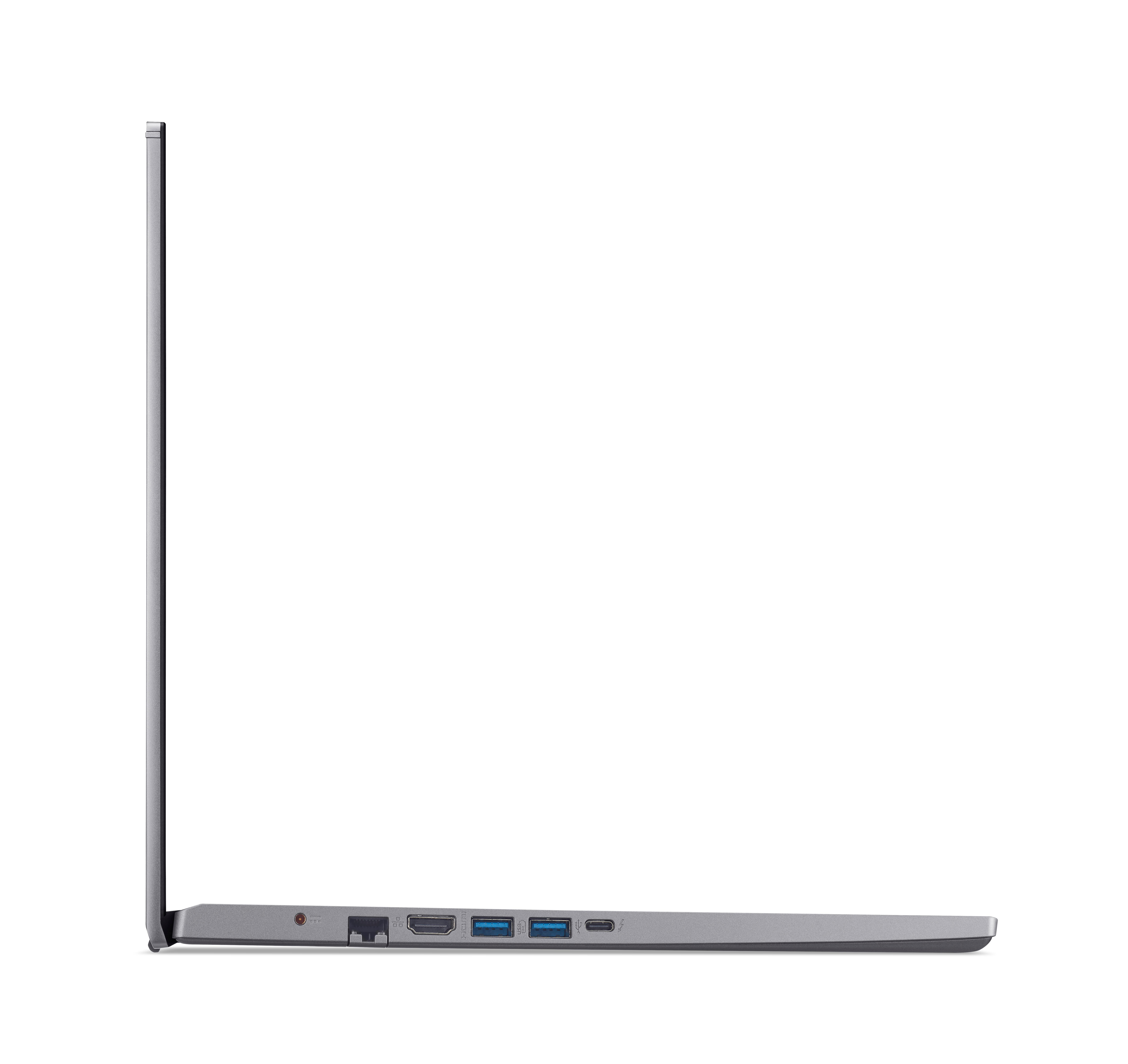 Seitenansicht eines silbernen Laptops mit Anschlüssen, weißer Hintergrund.