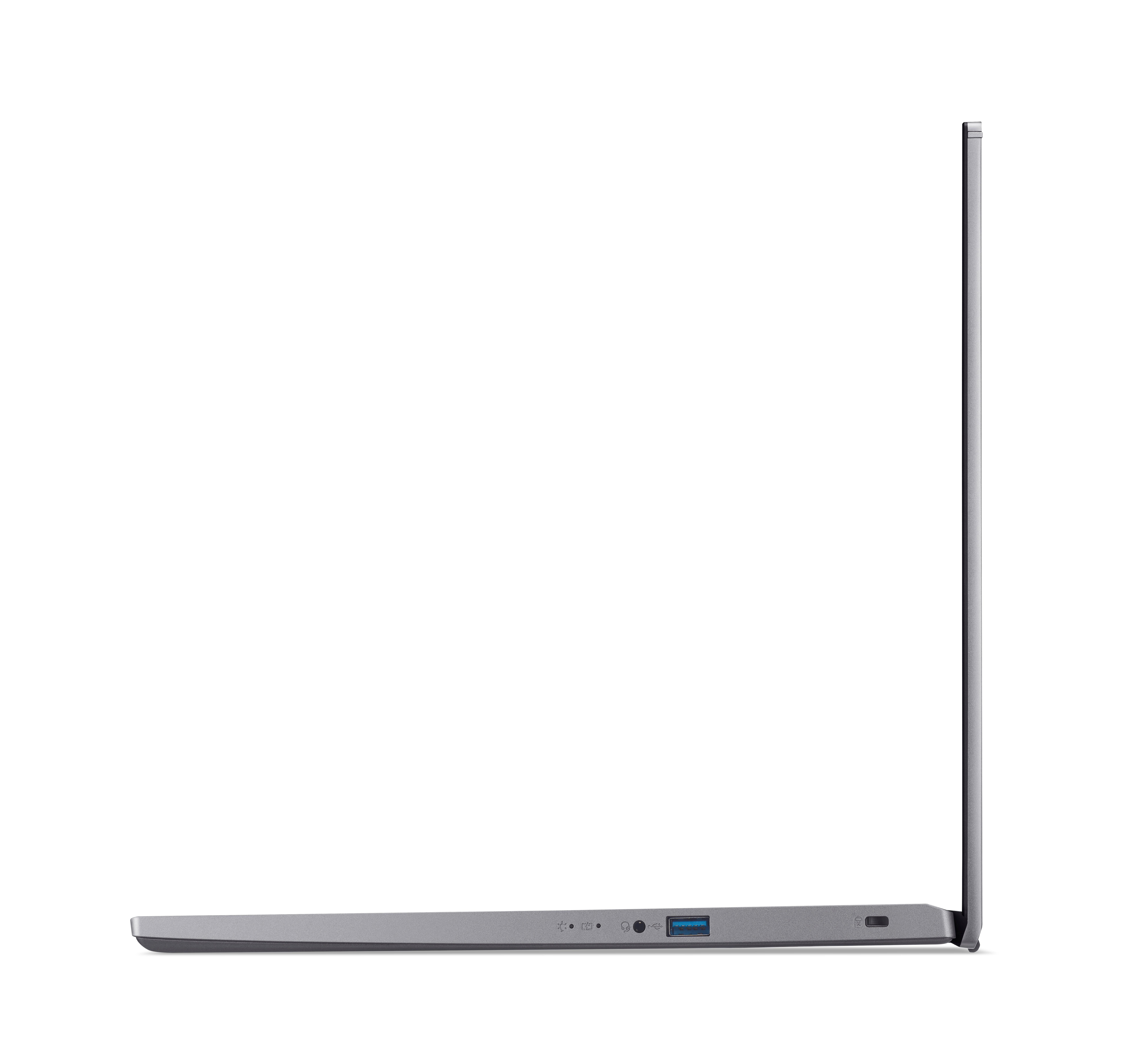 Seitenansicht eines grauen Laptops, der das Seitenprofil zeigt. USB-Anschluss sichtbar.