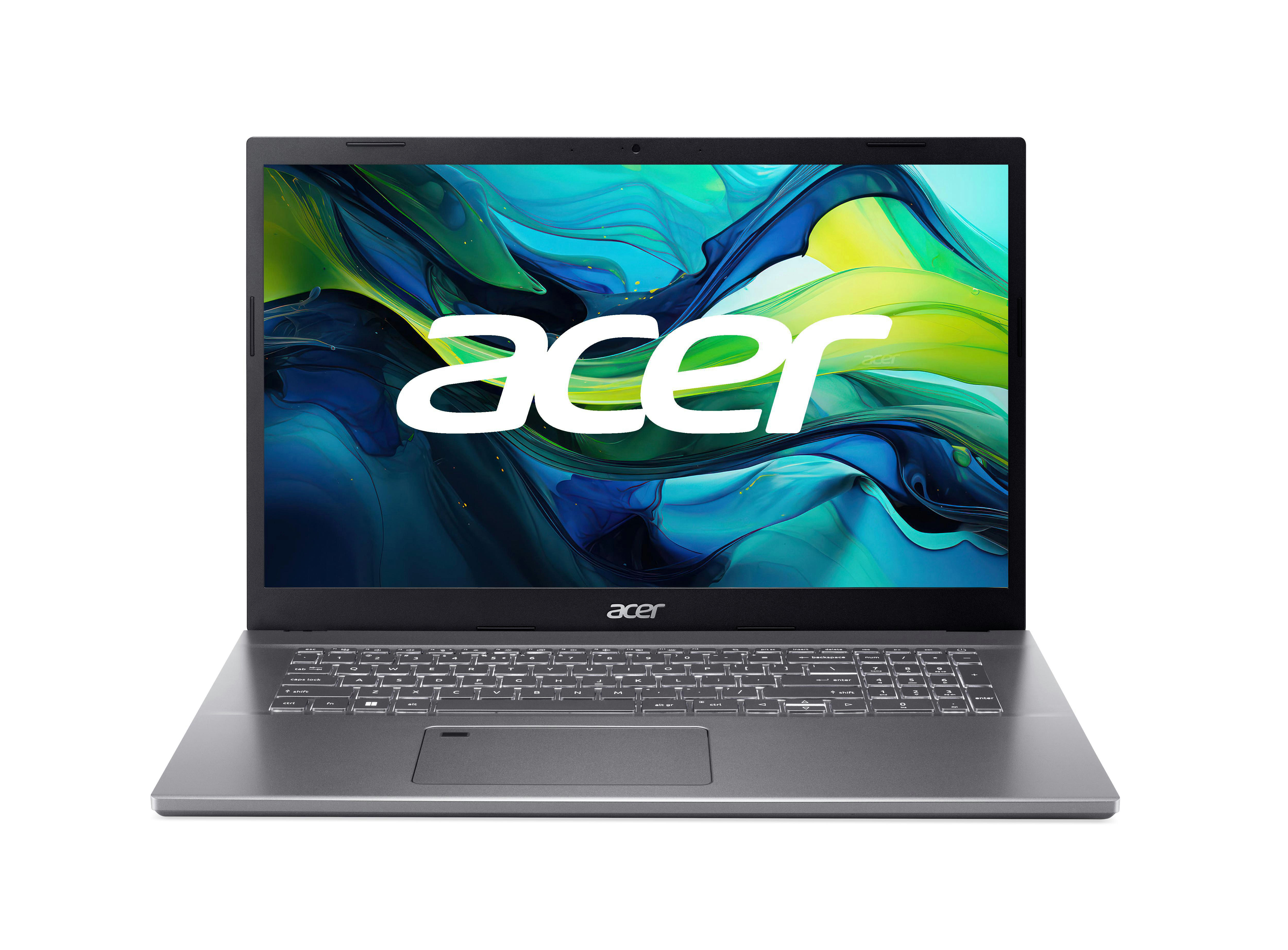 Acer Laptop, graue Farbe, mit großem Bildschirm, weißer Hintergrund.