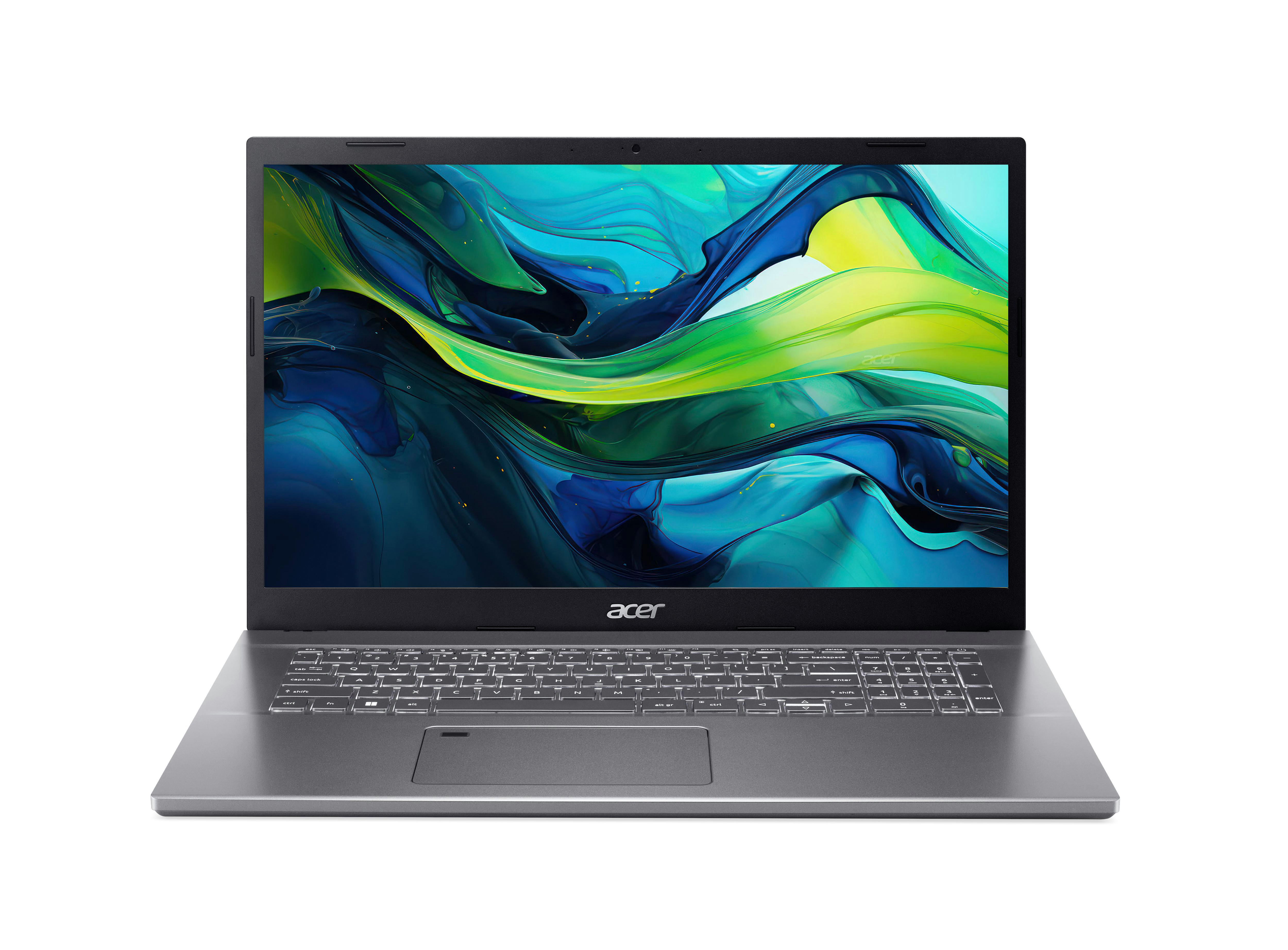 Silberner Acer-Laptop offen, der einen farbenfrohen abstrakten Hintergrund zeigt.
