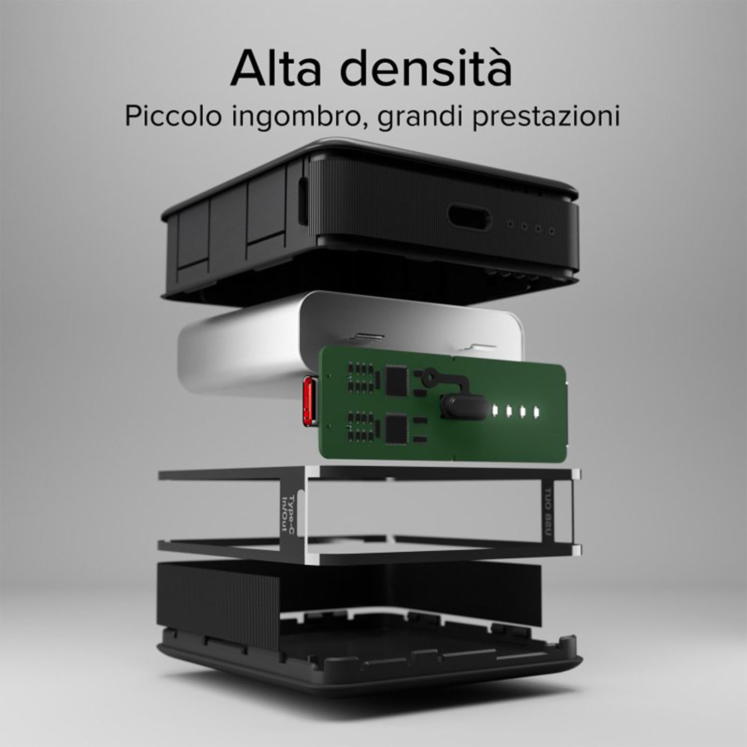 Vista esplosa di un dispositivo elettronico nero, mostra i componenti interni.