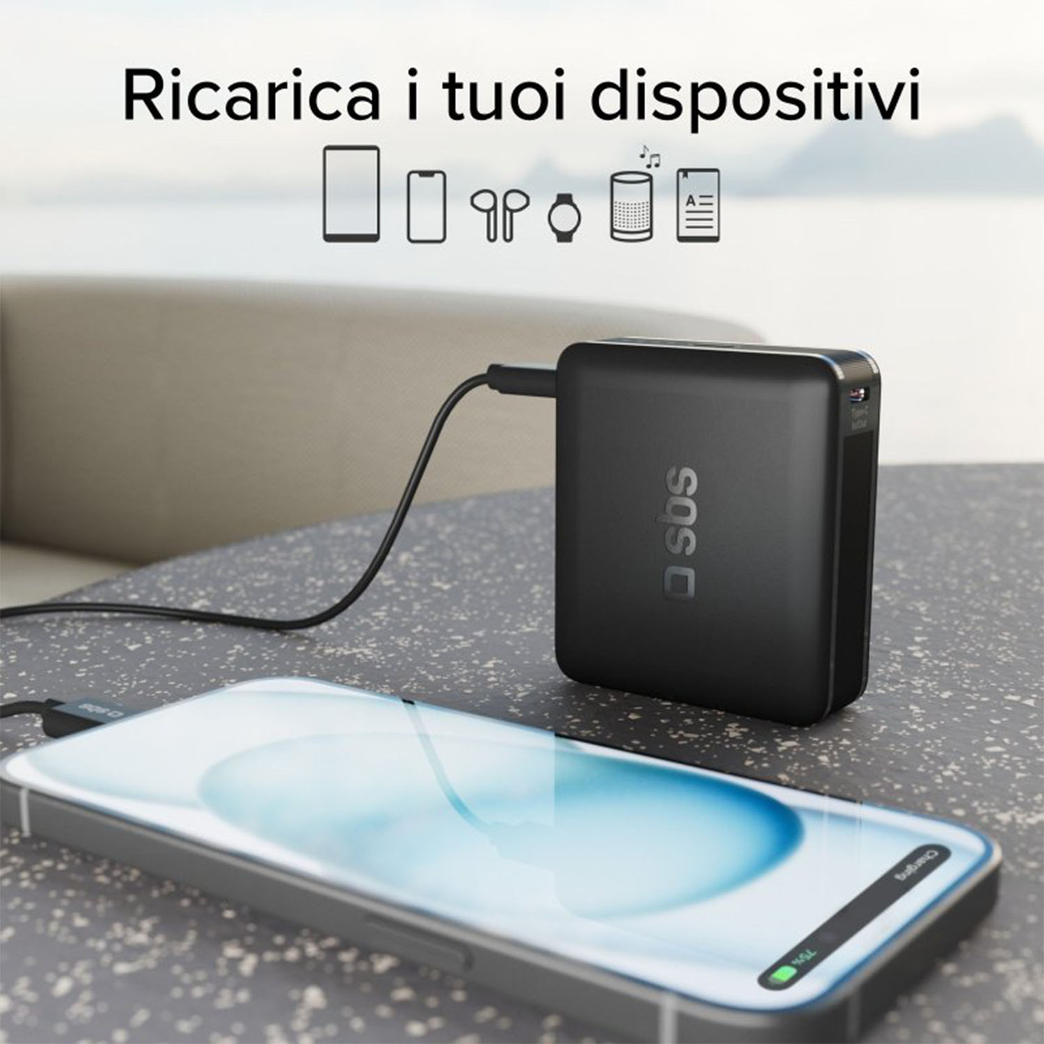 Dispositivo di ricarica nero che ricarica un telefono. Varie icone di dispositivi sullo sfondo.