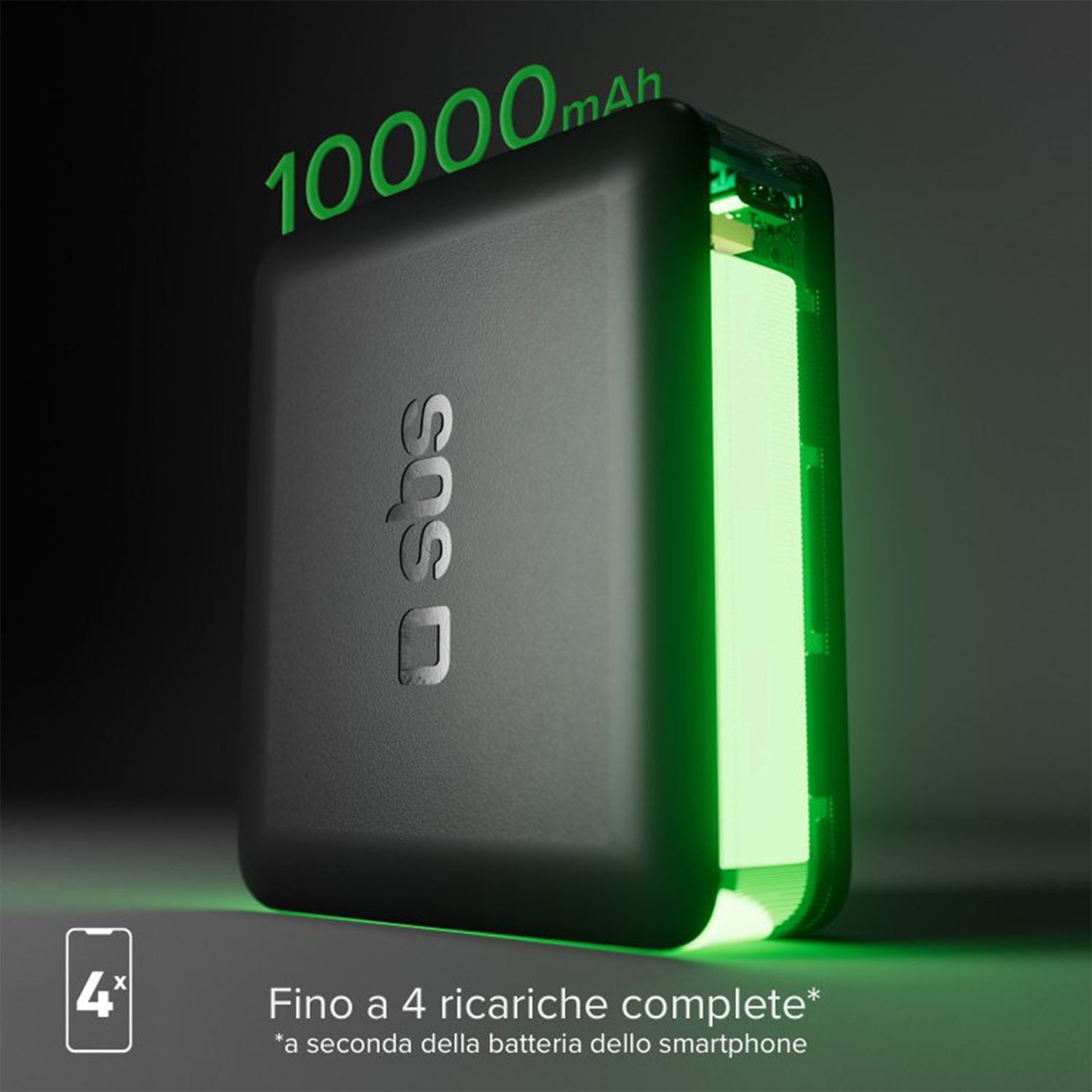 Power bank nero con luce verde laterale, testo che indica la capacità: 10000mAh.