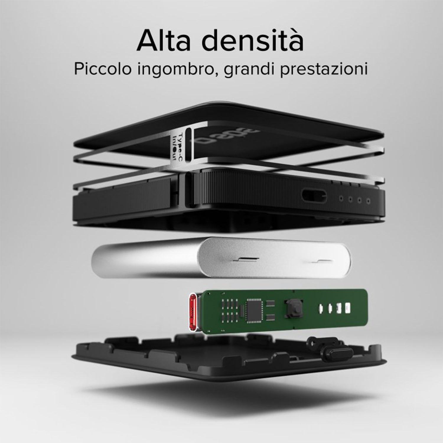 Vista esplosa di un dispositivo con testo 'Alta densità' e testo italiano 'Piccolo ingombro, grandi prestazioni'.