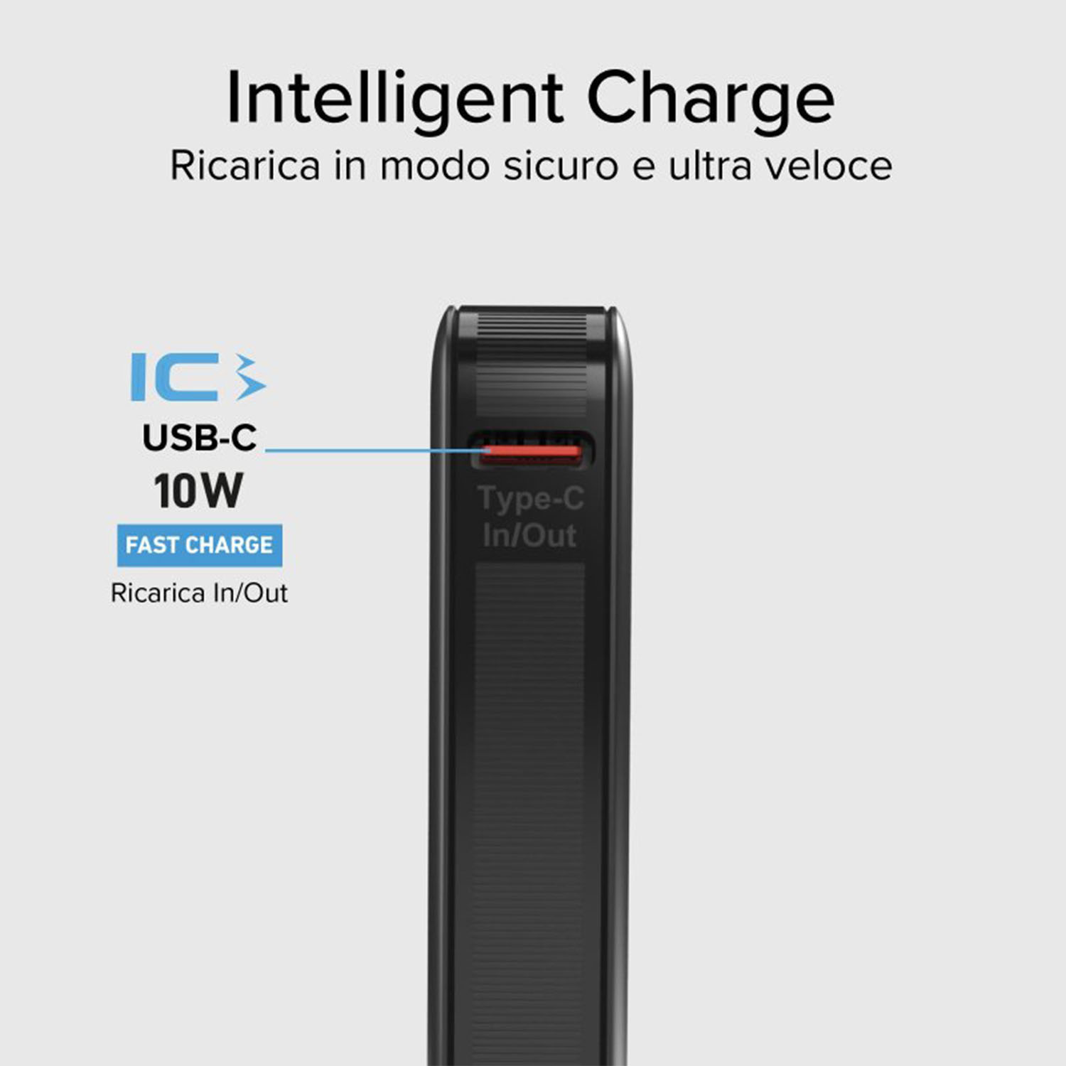 Primo piano di una porta di ricarica nera con USB-C e info ricarica rapida su sfondo bianco.
