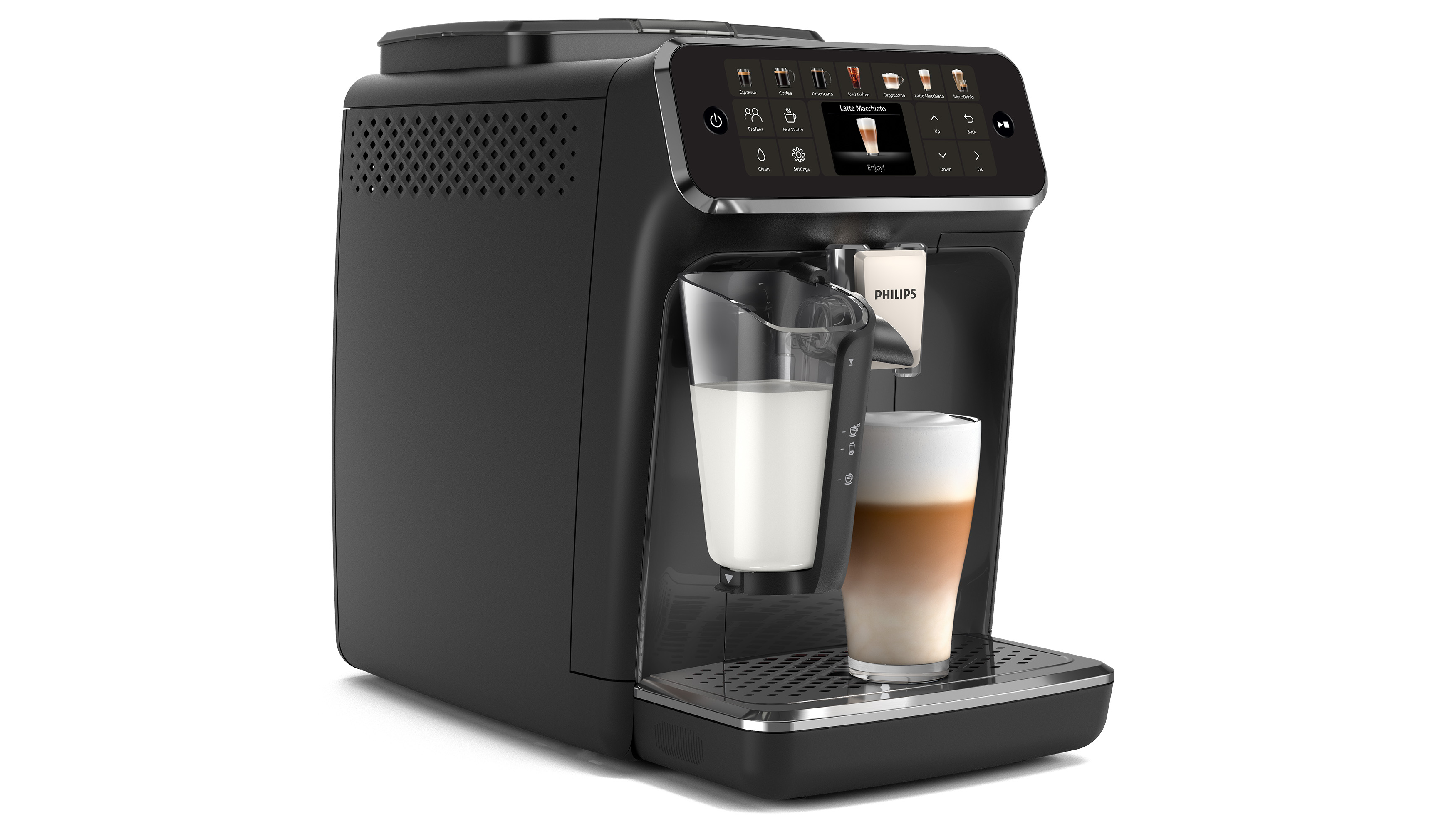 Cafetera Philips negra con espumador de leche e interfaz táctil.