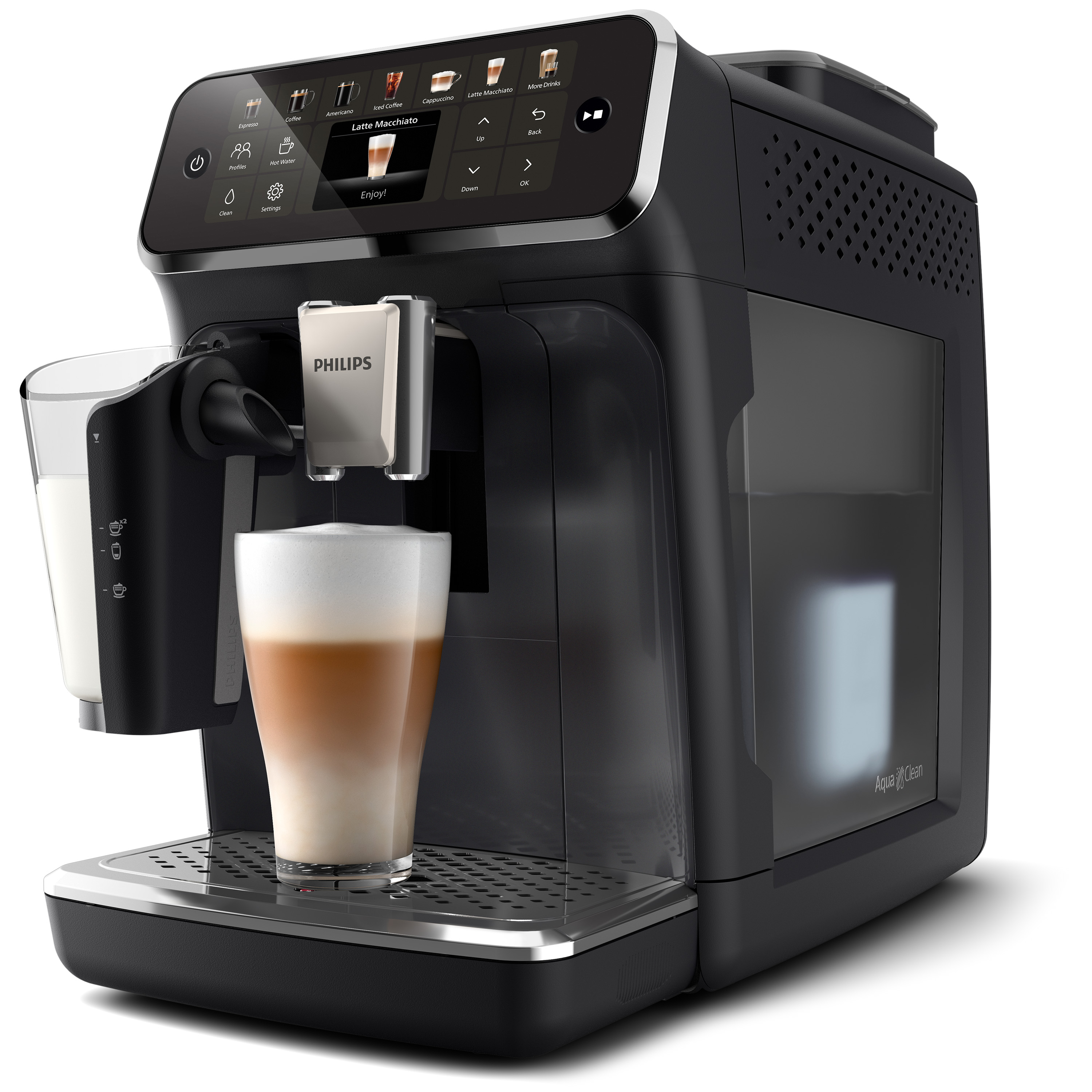Una máquina de café negra con un vaso de latte macchiato.