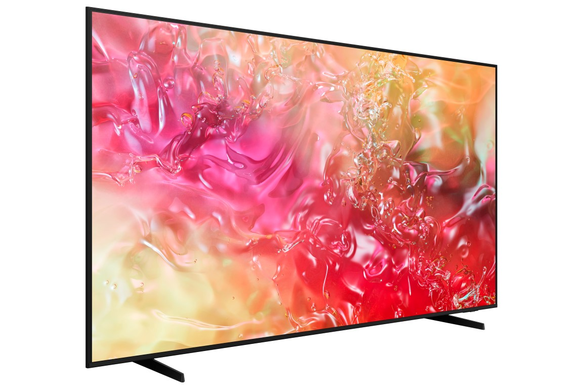 Ekranında renkli, soyut bir görüntü, siyah çerçeve ve ayak bulunan geniş ekran TV.