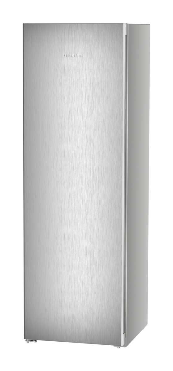 Edelstahlkühlschrank, vertikale Aufnahme. Schlichtes, modernes Design mit der Marke Liebherr.