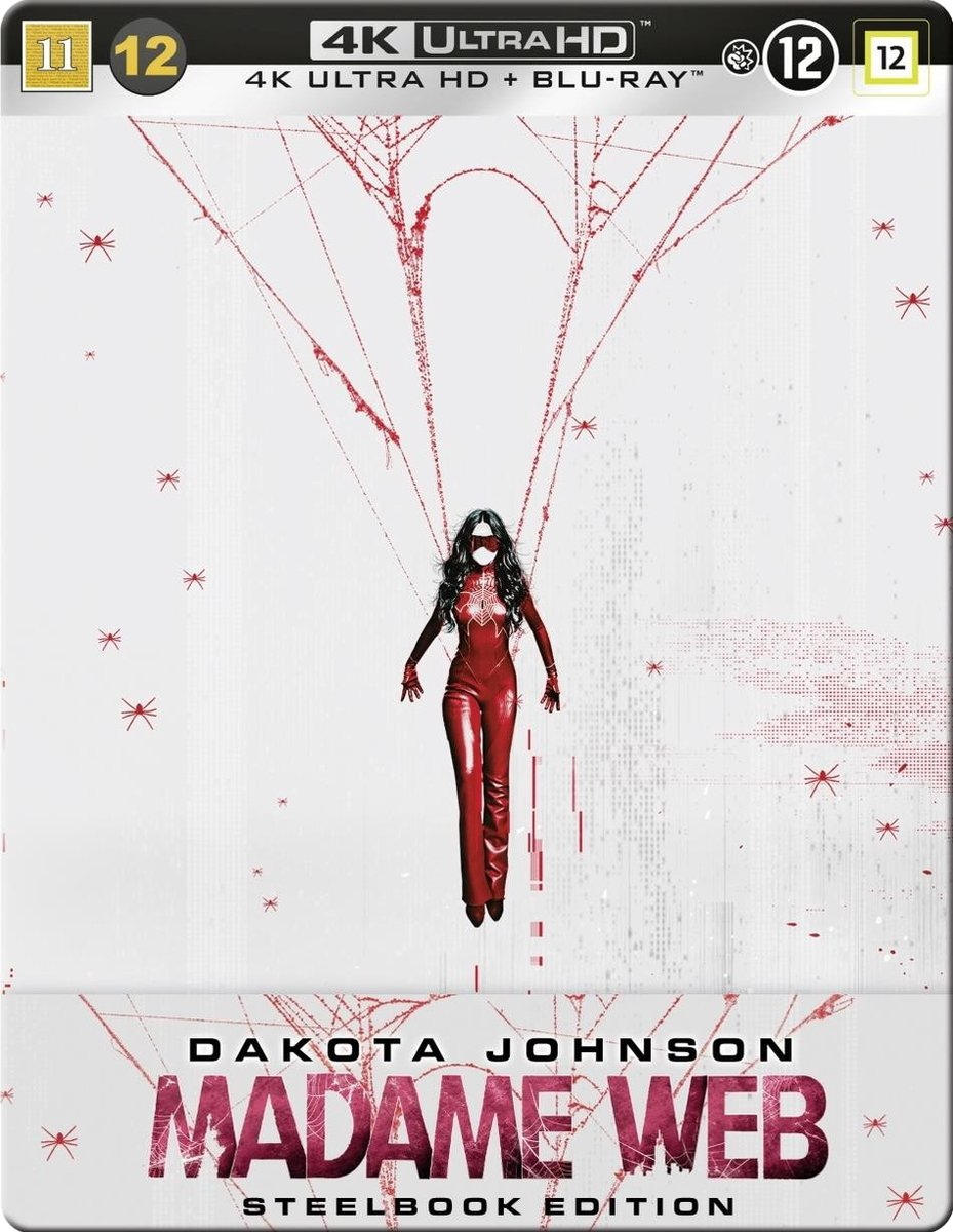 Couverture Blu-ray de Madame Web. Femme en costume rouge, suspendue à une toile. Fond blanc. Dakota Johnson.