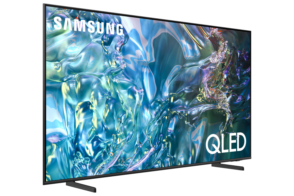Samsung QLED TV. Siyah çerçeve, ekranda mavi ve yeşil soyut sanat, siyah arka plan.