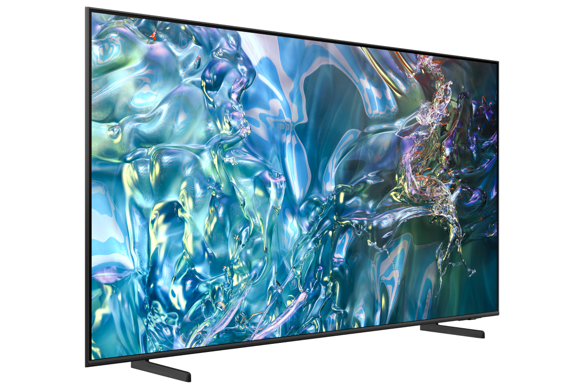 Mavi ve yeşil soyut bir arka plana sahip büyük, modern bir TV.