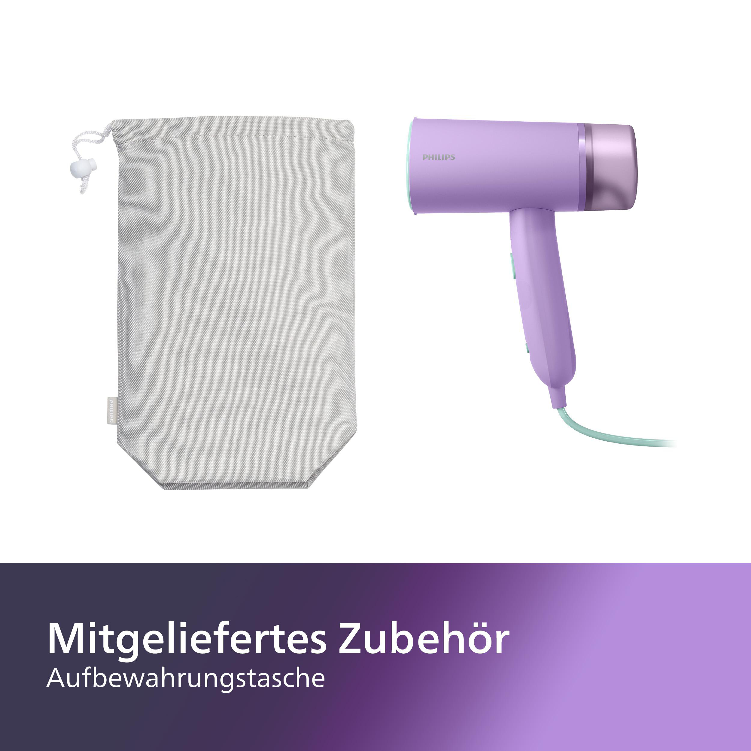 Ein lila Haartrockner mit Aufbewahrungstasche, vor weißem Hintergrund.