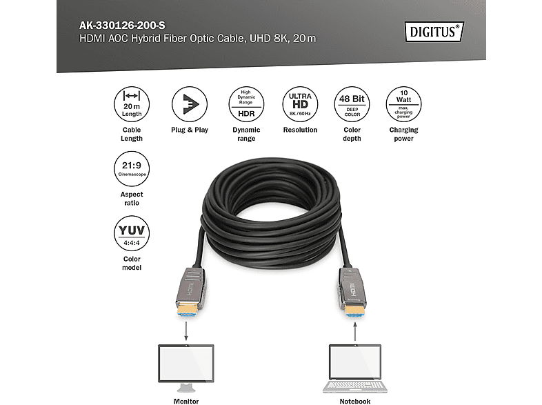 DIGITUS HDMI AOC Hybrid Glasfaserkabel For Business, UHD 8K, 20m, Schwarz; Glasfaserkabel----Glasfaserkabel — Foto 3 von 3