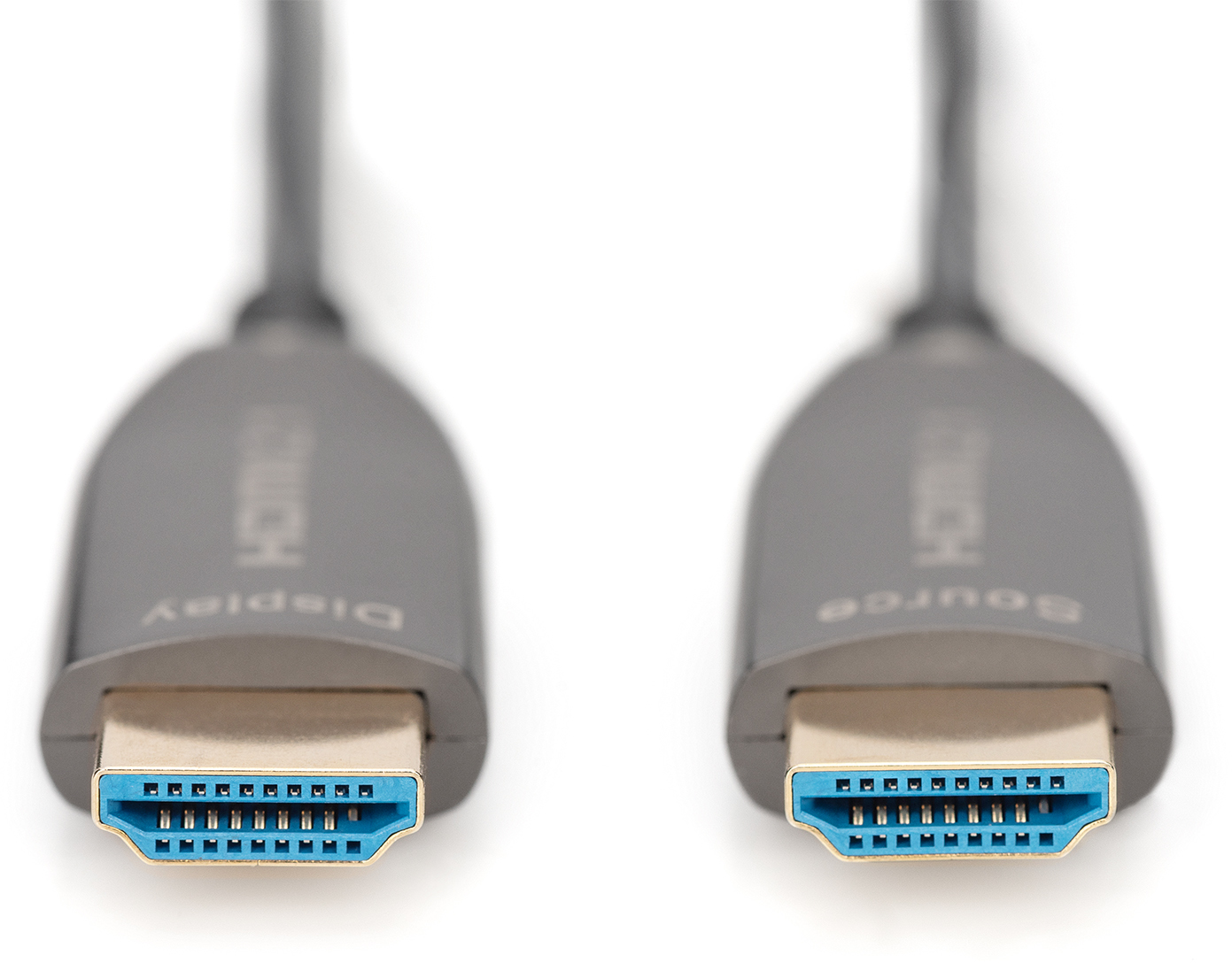 Zwei graue HDMI-Kabel, Nahaufnahme, mit blauen Steckern und den Worten "Display" und "Source" darauf.